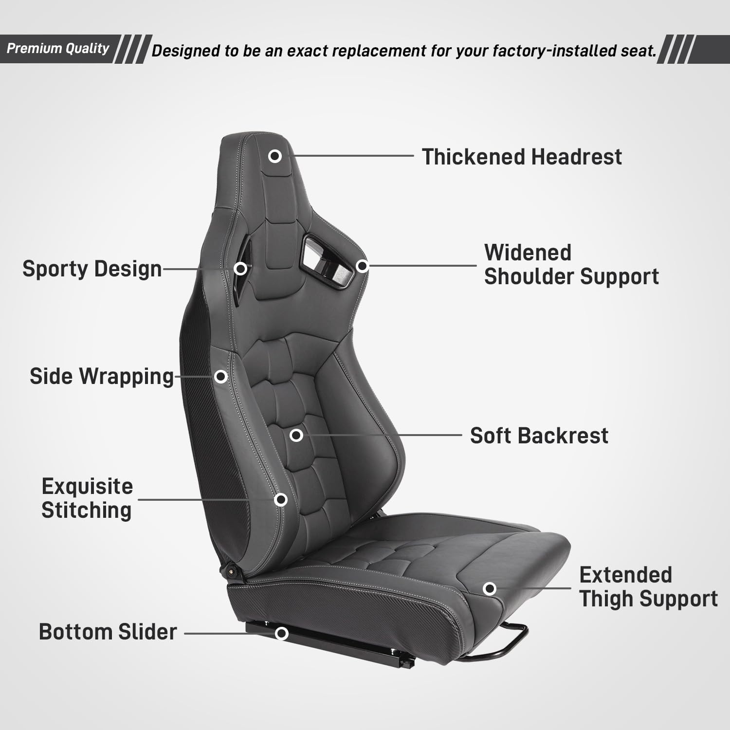 Premium Racing Seats 2-Piece Set - Reclinable Bucket Seats with Adjustable Sliders, PU Leather Sport Seats for Cars (Dark Gray, 37