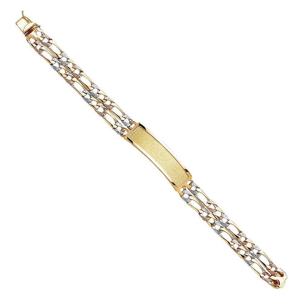 14K Tri-Color Gold 2-Layer Nugget Figaro Light Link ID Bracelet - 8.5