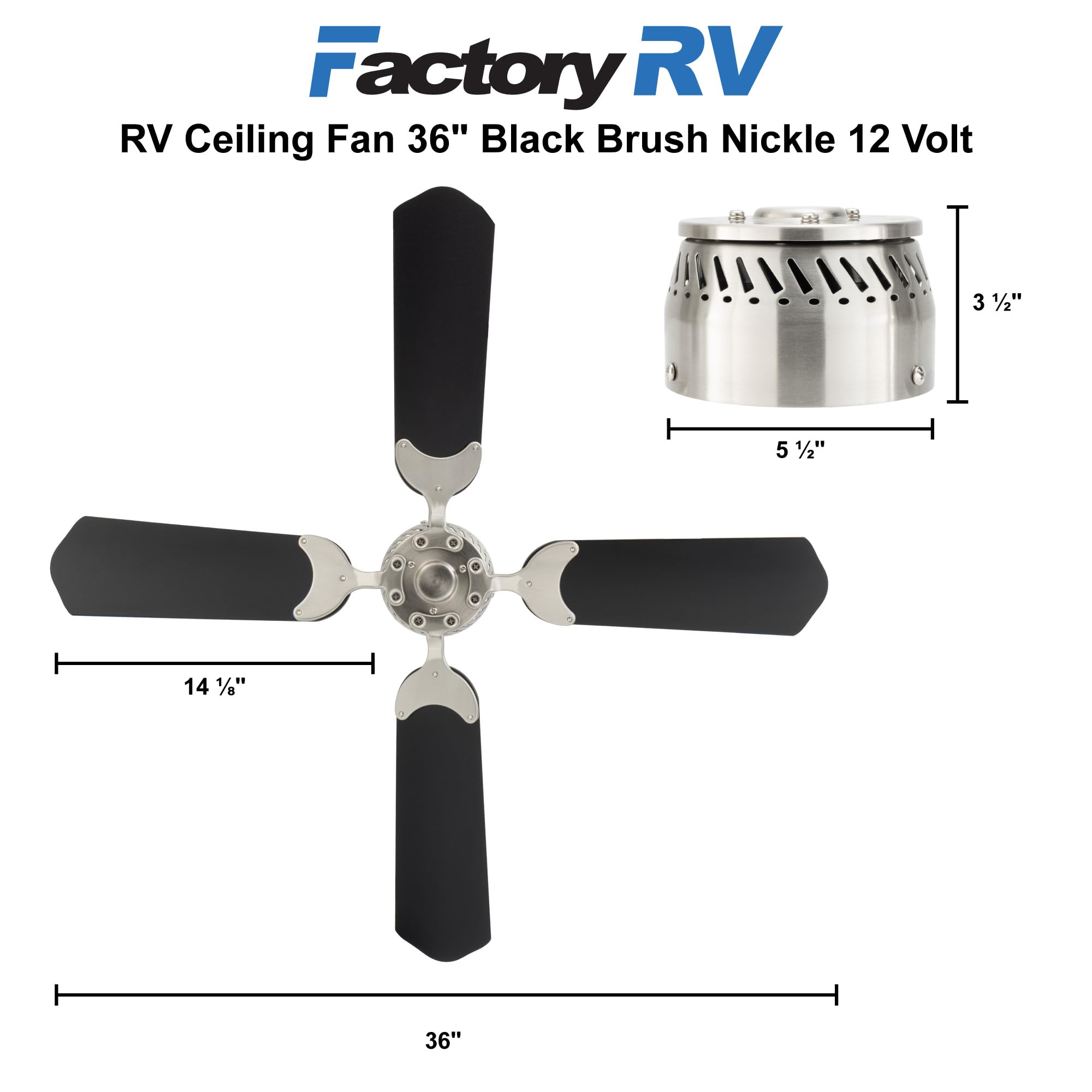 12V RV Ceiling Fan with 4 Blades - 36 Inch Black Brushed Nickel for Campers & Motorhomes | Quiet Cooling for Outdoor Adventures & Road Trips