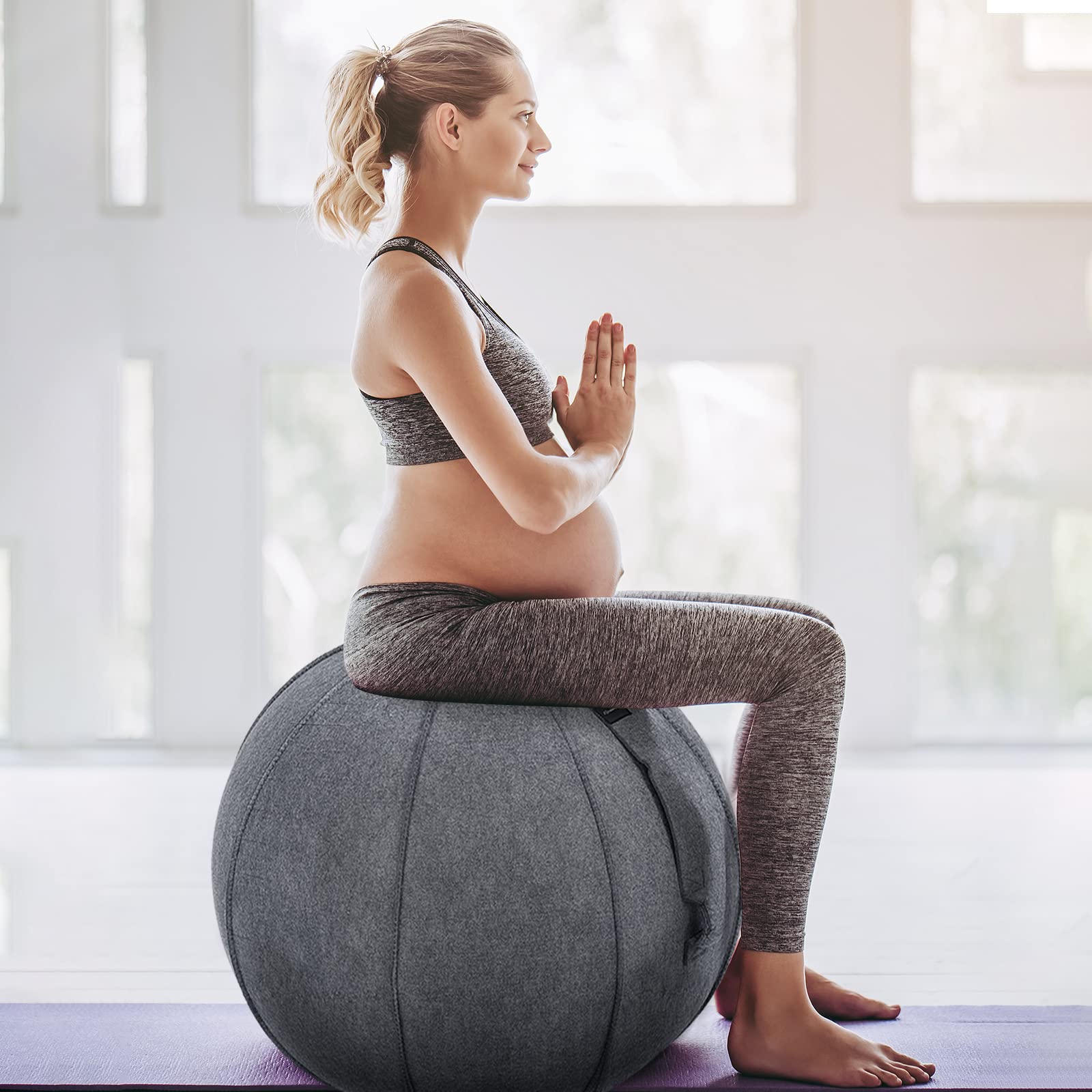 GYMAX 65cm Anti-Burst Yoga Ball with Felt Cover, Resistance Bands & Pump - Stability Exercise Ball for Pilates, Pregnancy, Physical Therapy & Office Sitting - Perfect for Home Gym, Postpartum Recovery & Workplace Ergonomics