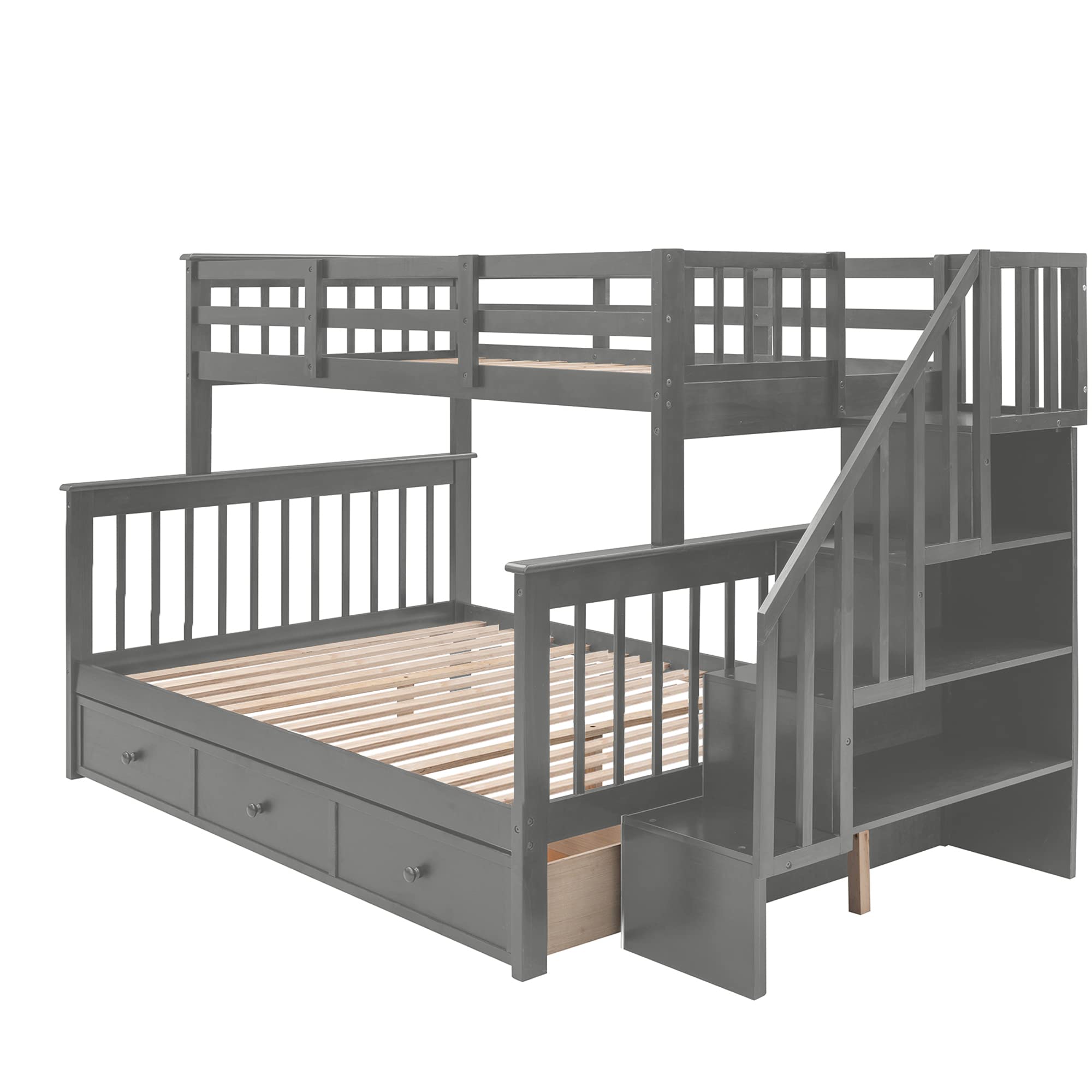 Harper & Bright Designs Twin Over Full Bunk Bed with Stairs - Wooden Bunk Bed Frame with Storage Drawers for Kids, Space-Saving Bedroom Furniture for Girls & Boys (Grey) | Perfect for Small Rooms, Shared Kids' Bedrooms & Vacation Homes
