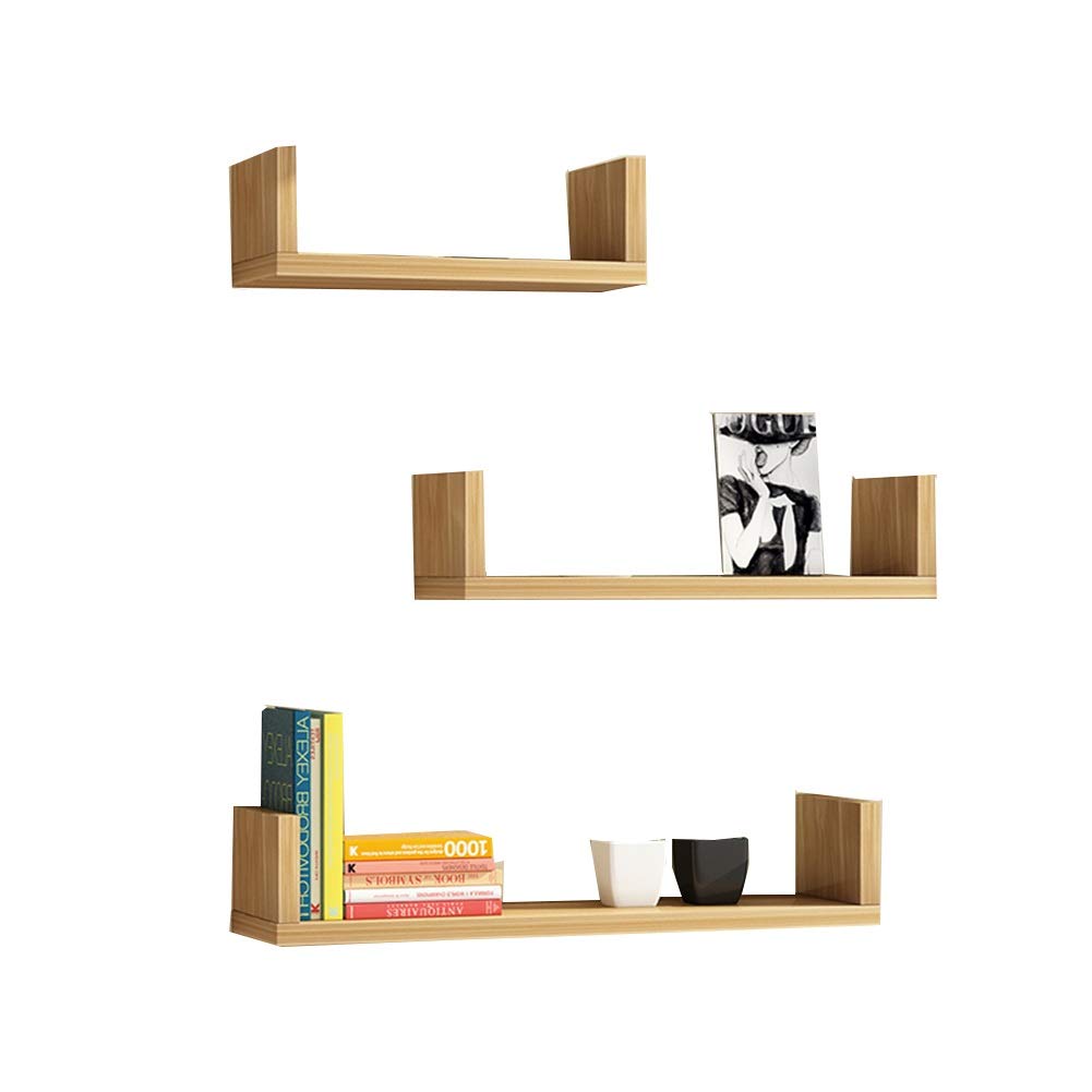 LM Floating Wall Shelves Set of 3 - U Shape DIY Wall Mounted Shelves for Books, Decor & Organizer - Wood Color - Perfect for Living Room, TV Backdrop & Home Office Storage