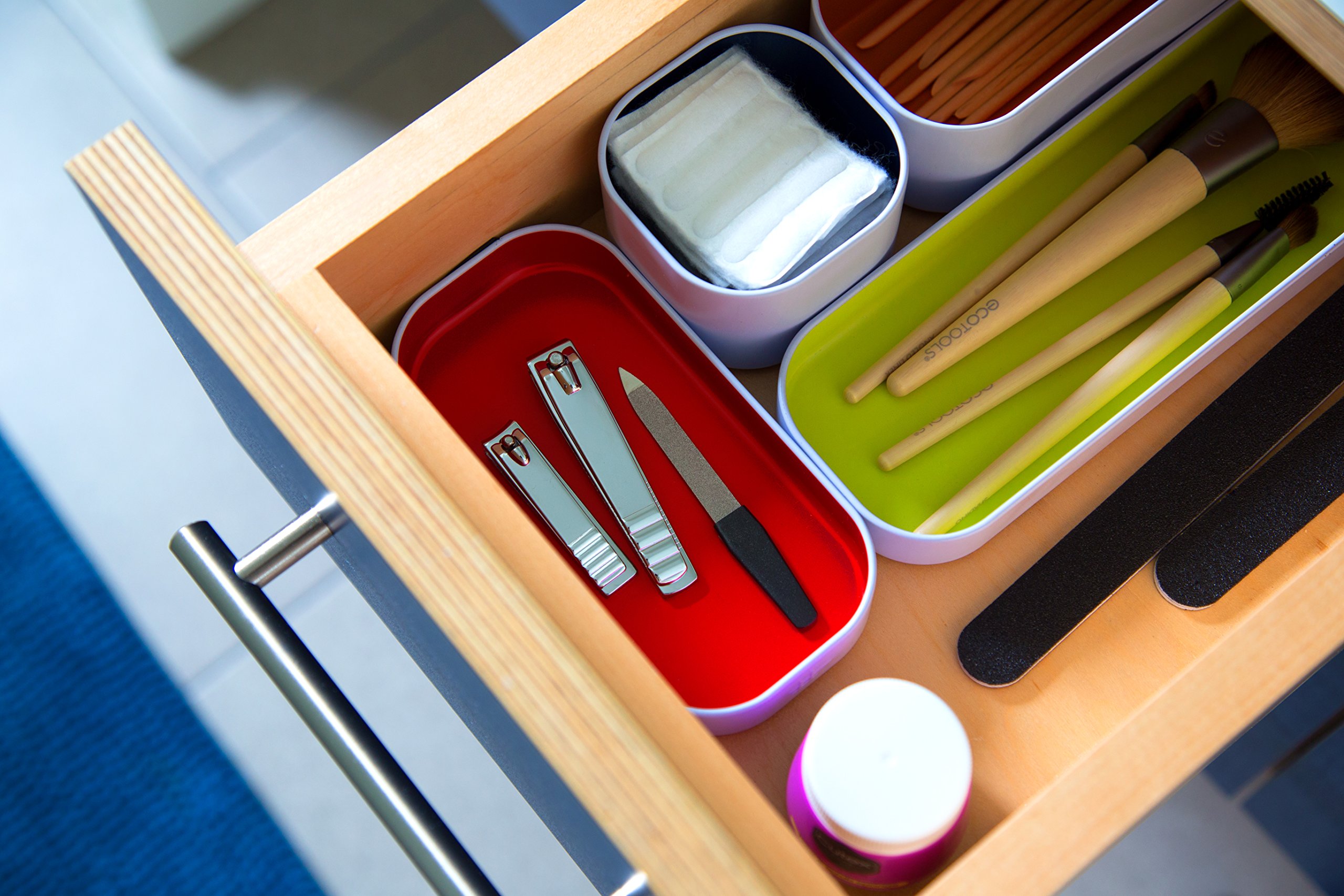 Three by Three Seattle 5-Piece Shallow Metal Organizer Tray Set (1 Inch) - Multicolor Drawer Organizers for Makeup, Stationery, Utensils | Perfect for Office Desk, Kitchen & Bathroom Storage | Space-Saving Solution for Home & Office Organization