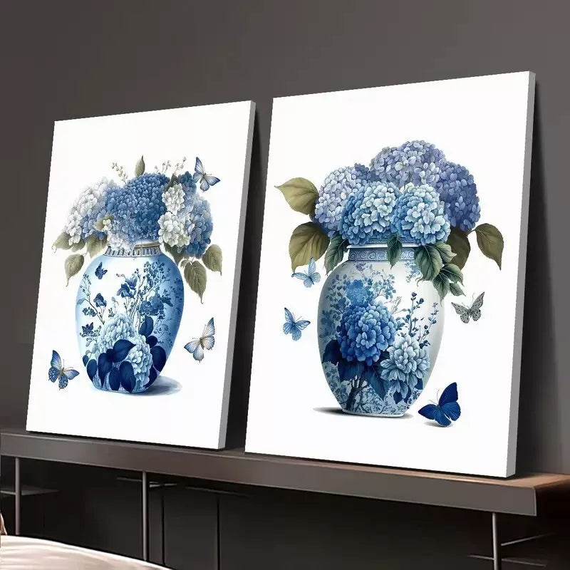 2pcs Blue Hydrangea Flowers & Navy Ginger Jar Canvas Wall Art - 50x75cm High Quality Framed Print | Australian Made | Ready to Hang | Perfect for Living Room, Bedroom & Office Decor