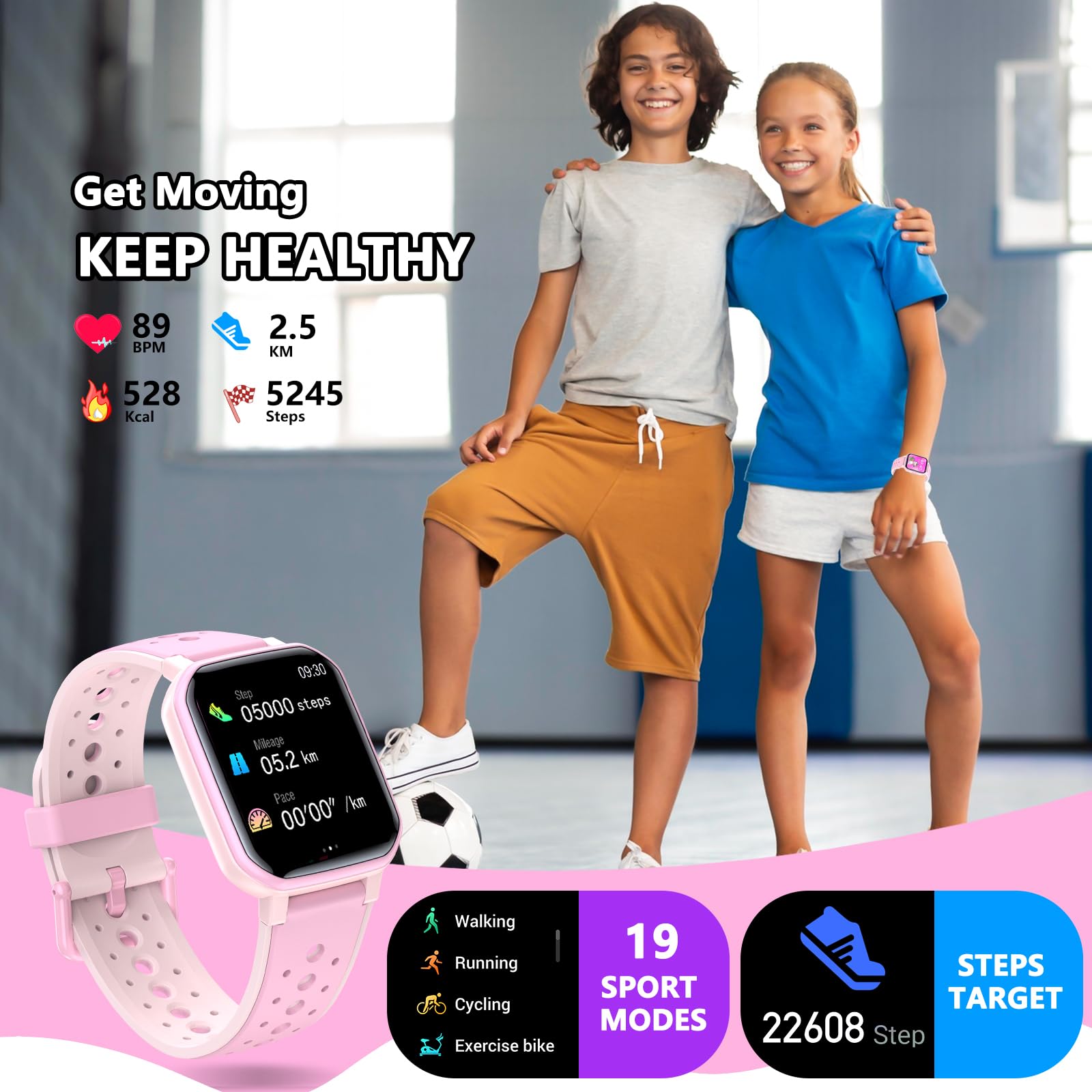 Smart Watch for Kids & Teens - Fitness Tracker with 19 Sport Modes, Pedometer, Sleep Monitor, Heart Rate Monitor | Waterproof Activity Tracker for Boys & Girls Ages 6-16 | Perfect Birthday Gift, Christmas Present (Pink) - Ideal for School, Sports, Outdoor Activities & Daily Health Tracking