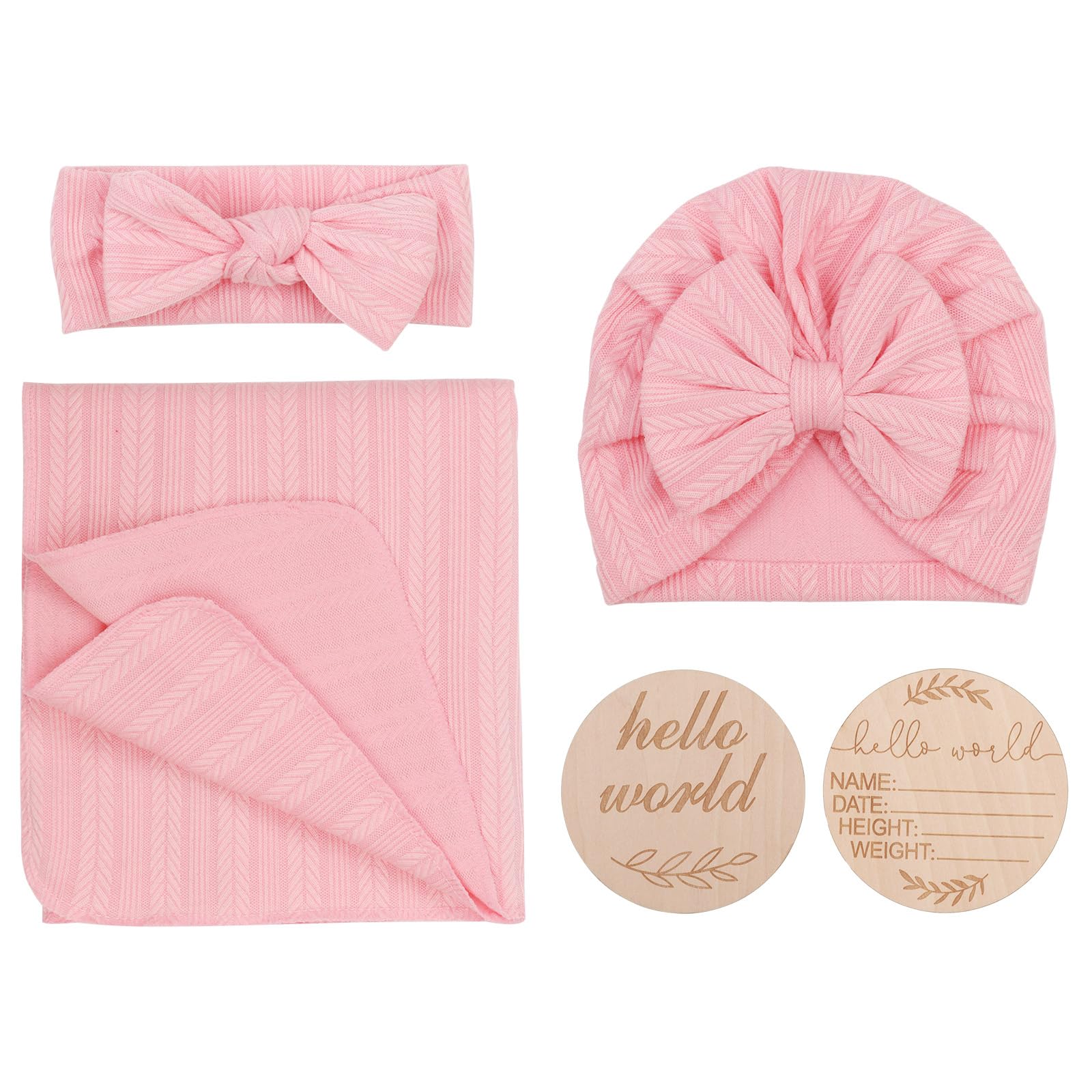BQUBO 4PCS Baby Swaddle Blankets for Newborn Girls - Soft Cotton Receiving Blankets with Matching Hat & Bow Headband - Includes Hello World Wooden Birth Announcement Card - Perfect for Nursery, Photo Shoots & Baby Showers (Pink)