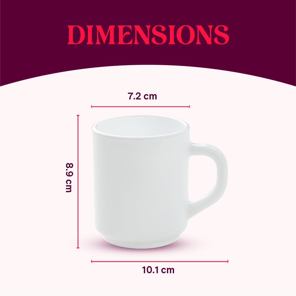 Borosil Nivaah Opalware Tea & Coffee Mugs Set of 6 (240ml Each) - Microwave & Dishwasher Safe, Bone-Ash Free - Ideal for Home, Office, Gifts & Daily Use - Elegant White Crockery Set