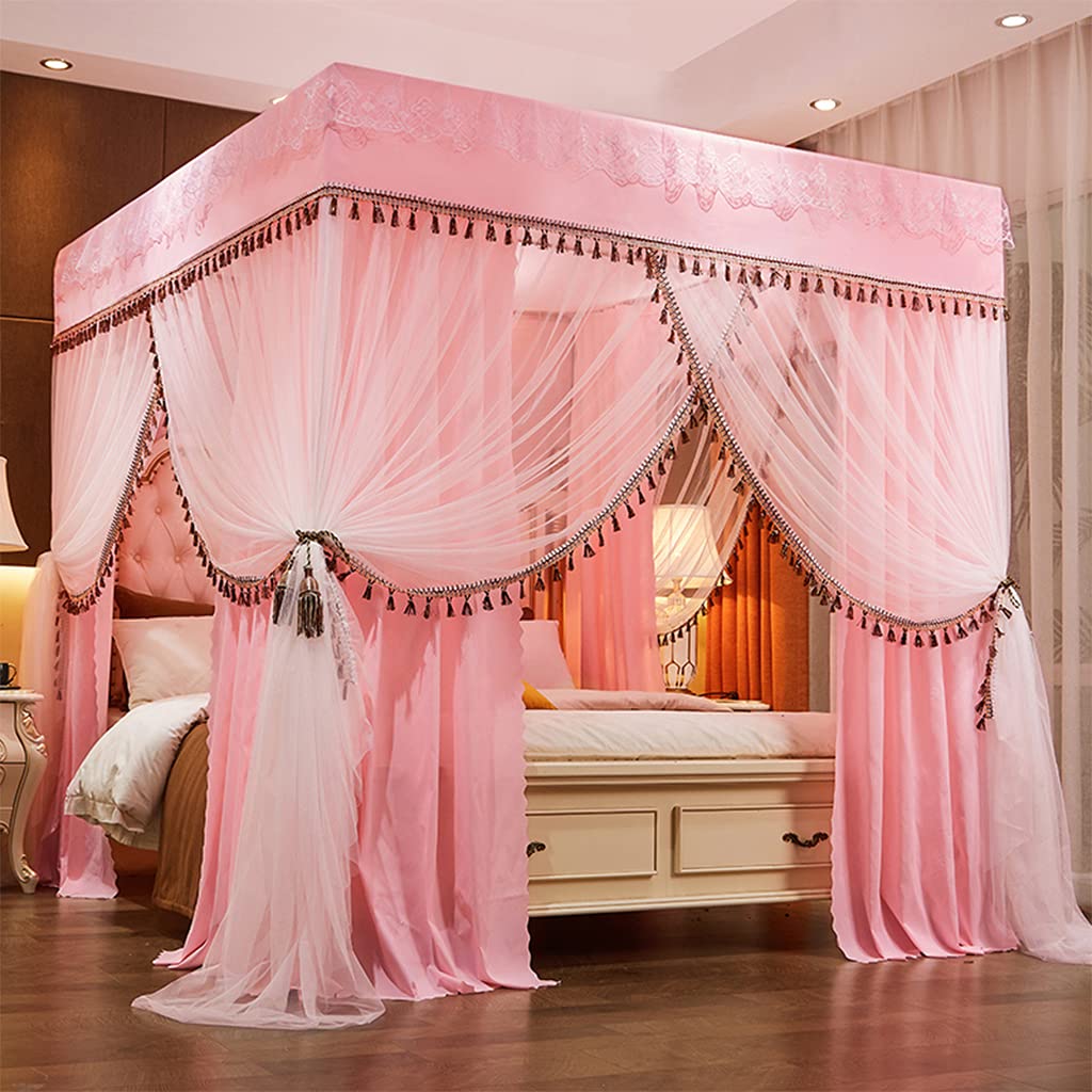 Princess 4-Poster Bed Canopy with Mosquito Net - Pink King Size Bed Curtain for Girls, Kids & Adults - Perfect for Twin/Full/Queen/King Beds - Ideal for Bedroom Decor, Nursery, Dorm Room & Romantic Settings