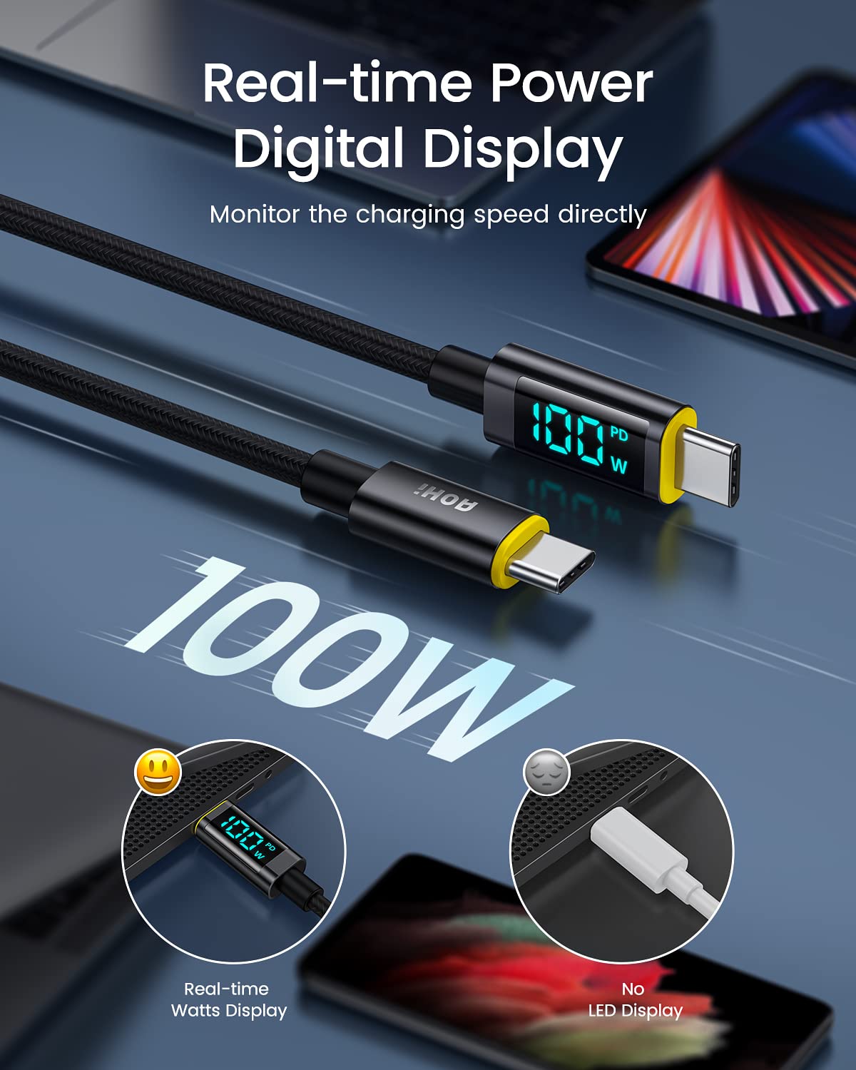 AOHI 100W 2-Port Foldable GaN USB C Fast Charger with LED Display - Includes USB C to C & USB C to Lightning Cable (4FT) - Perfect for MacBook, iPhone, iPad & Travel Charging