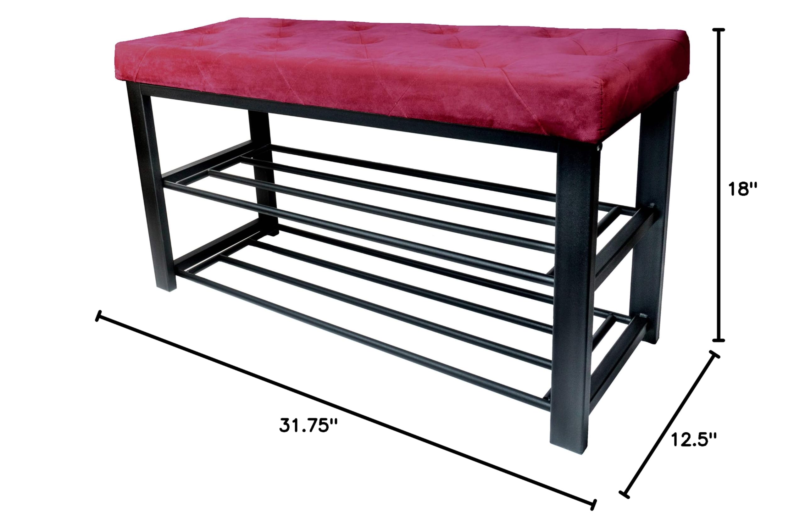Red Co. Modern 2-Tier Shoe Rack Bench with Velvet Padded Seat - Burgundy Entryway Storage Organizer for Shoes & Accessories | Perfect for Small Spaces, Hallways & Mudrooms