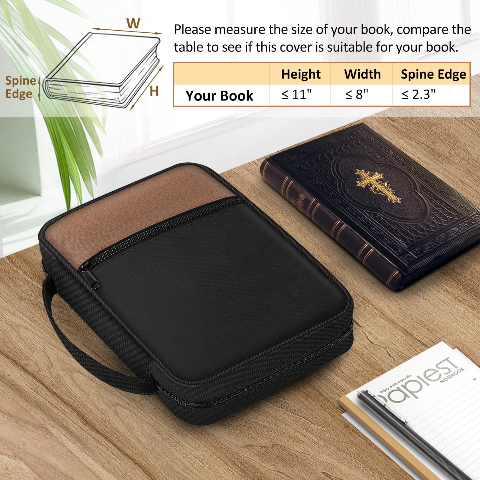 FINPAC Bible Cover with Handle & Zippered Pocket - Durable Protective Book Case for Church, Travel & Daily Use - Perfect Gift for Women, Men & Mothers (Black & Brown)