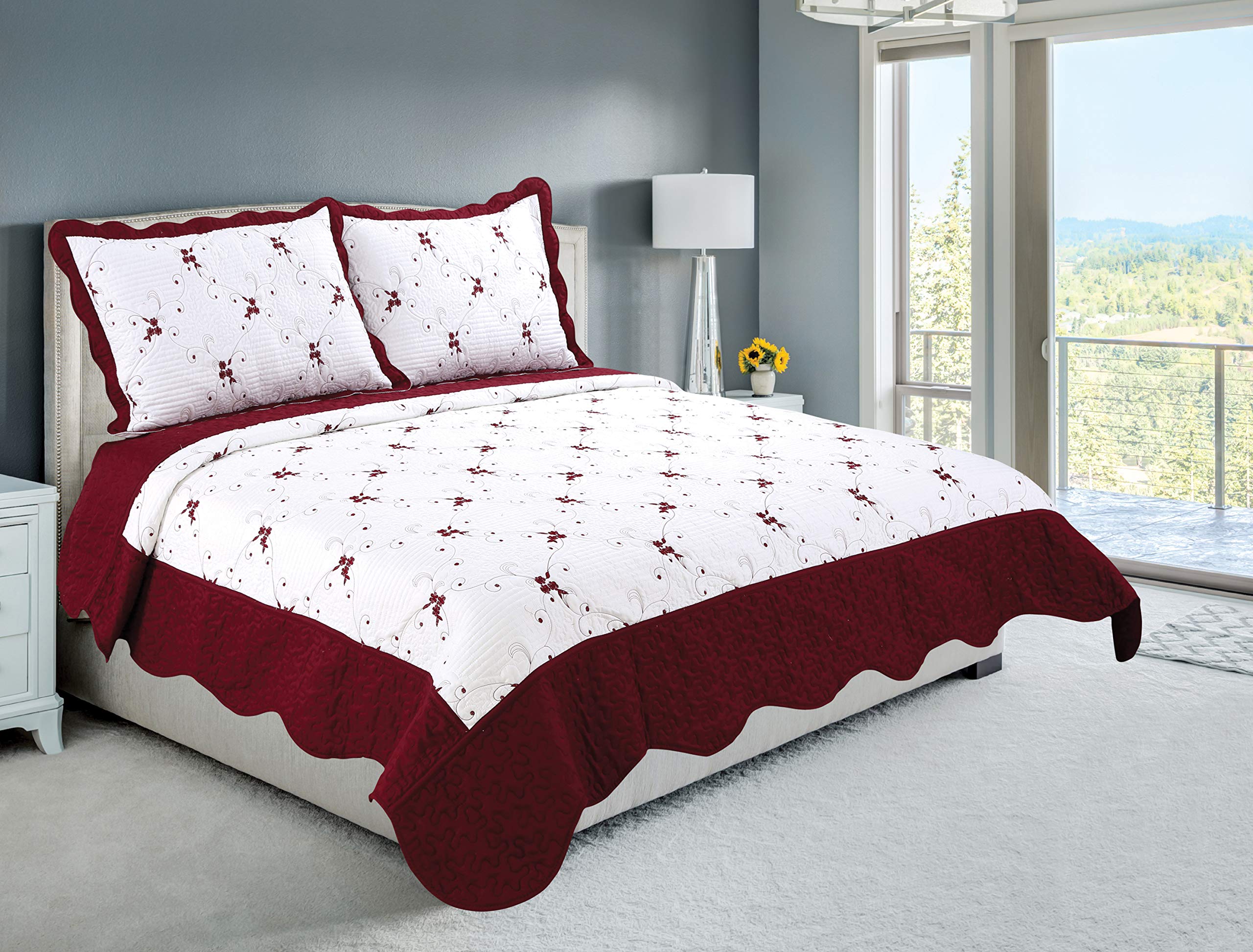 Ultra Soft 3-Piece Burgundy Floral Quilt Set with Embroidered Stitching - California King Size Bedspread & 2 Quilted Shams | Perfect for Summer Bedding, Guest Room Decor & Coastal Home Styling