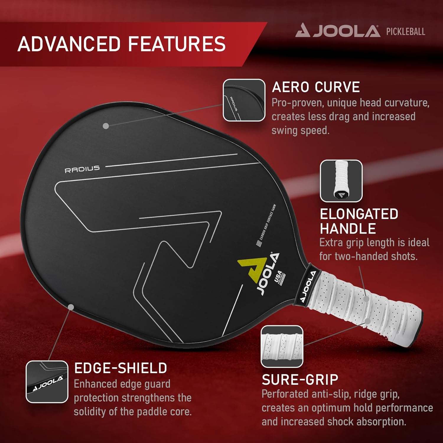 JOOLA Radius CGS 14 Pickleball Paddle - Premium Carbon Fiber Surface for Enhanced Control & Spin - Perfect for Indoor & Outdoor Court Play