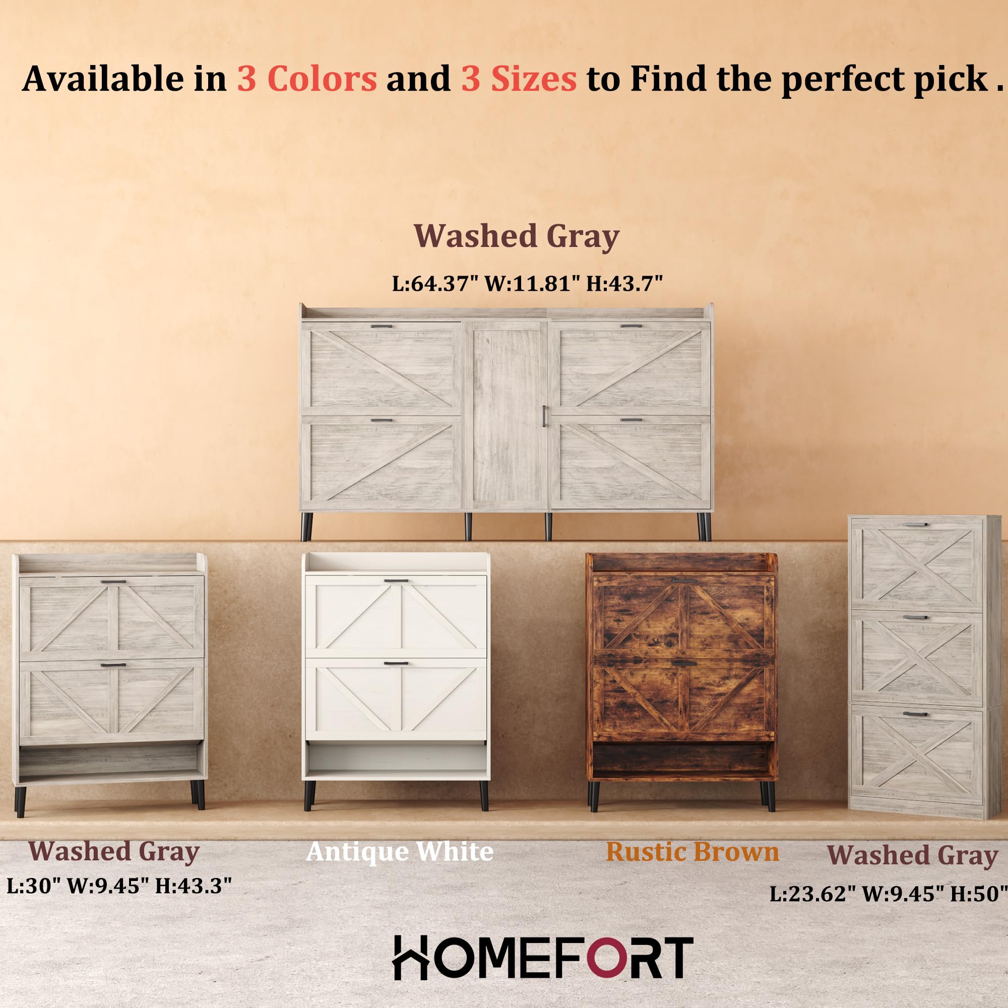 HOMEFORT Slim Shoe Storage Cabinet with 2 Flip Drawers - Narrow Entryway Shoe Organizer with Wood Legs, Farmhouse Hidden Shoe Rack for Front Door Entrance - Antique White - Perfect for Small Spaces & Clutter-Free Entryways
