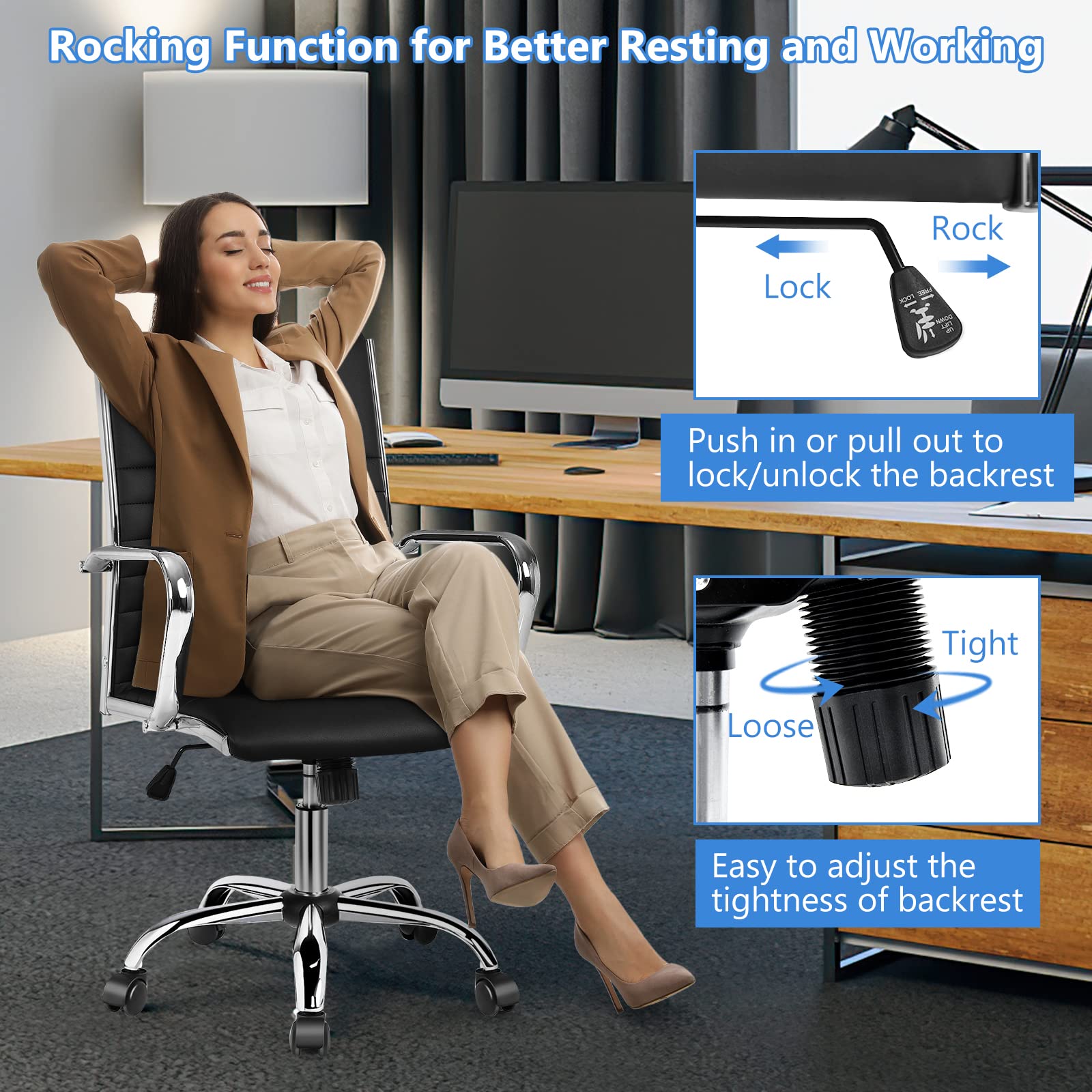 COSTWAY Ergonomic Office Chair - PU Leather High Back Executive Chair with Adjustable Height, Rocking Backrest & Lumbar Support - Ribbed Computer Desk Chair for Home & Office (Black) - Perfect for Long Work Hours & Gaming Sessions