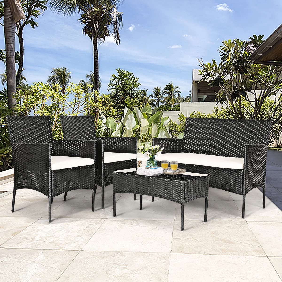 HappyGrill 4-Piece Patio Furniture Set - Rattan Wicker Outdoor Conversation Set with Sofa, Chairs & Coffee Table for Garden, Lawn, Poolside - Perfect for Backyard Relaxation & Outdoor Entertaining