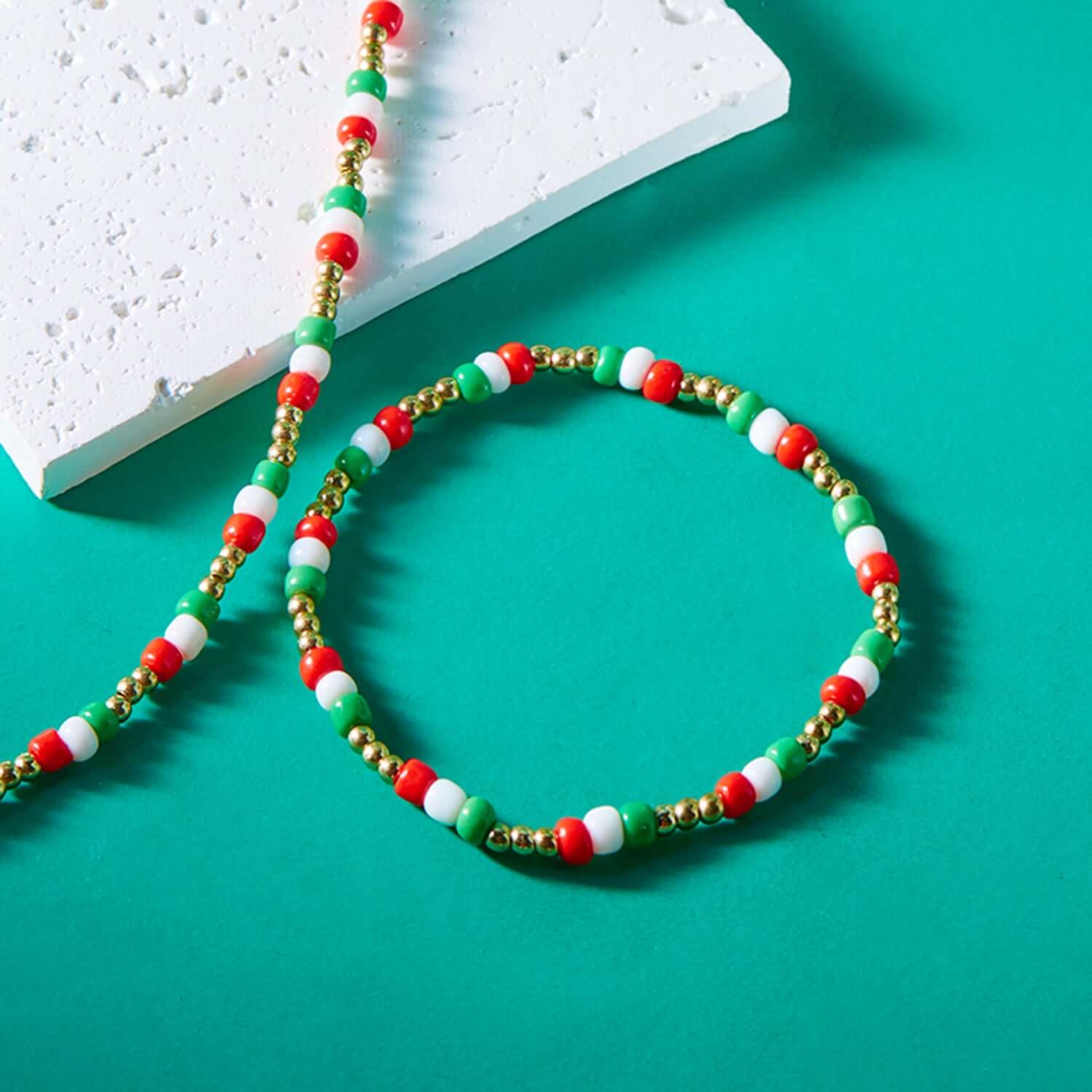 Vibrant Red Green Rainbow Seed Beads Christmas Jewelry Set - Choker Necklace & Bracelet | NC427 | Perfect for Holiday Parties, Gift Giving & Festive Outfits
