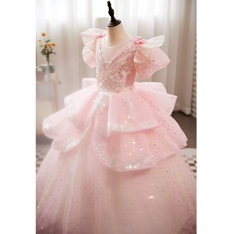 Pink Princess Round Floor Length Tulle Flower Girl Dress for Weddings, Birthday Parties & Special Occasions