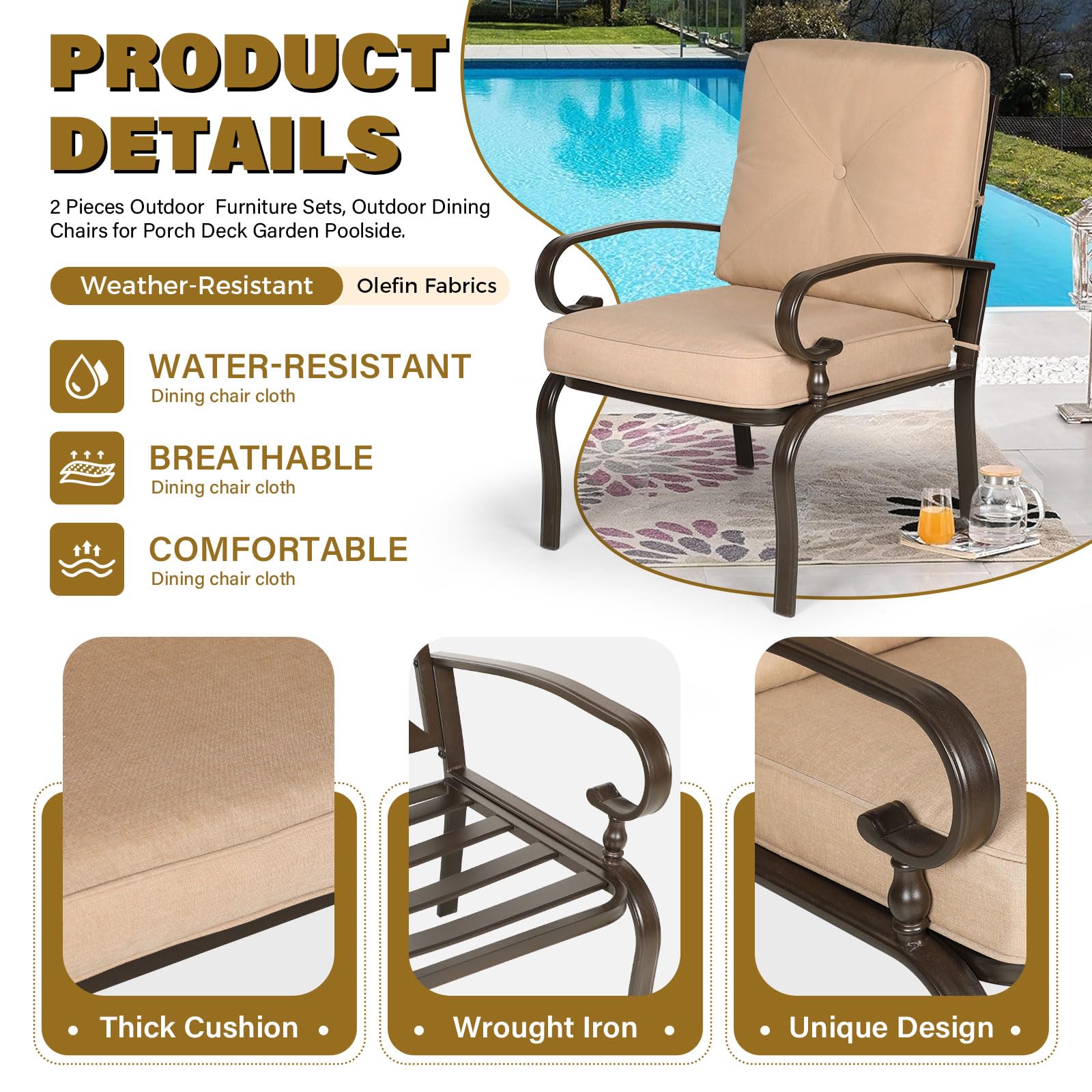 Incbruce 2-Pack Metal Outdoor Dining Chairs - Wrought Iron Patio Chairs with Steel Frame, All-Weather Garden Seating with Arms & Cushions (Brown) - Perfect for Restaurant, Backyard, Poolside & Outdoor Dining Areas