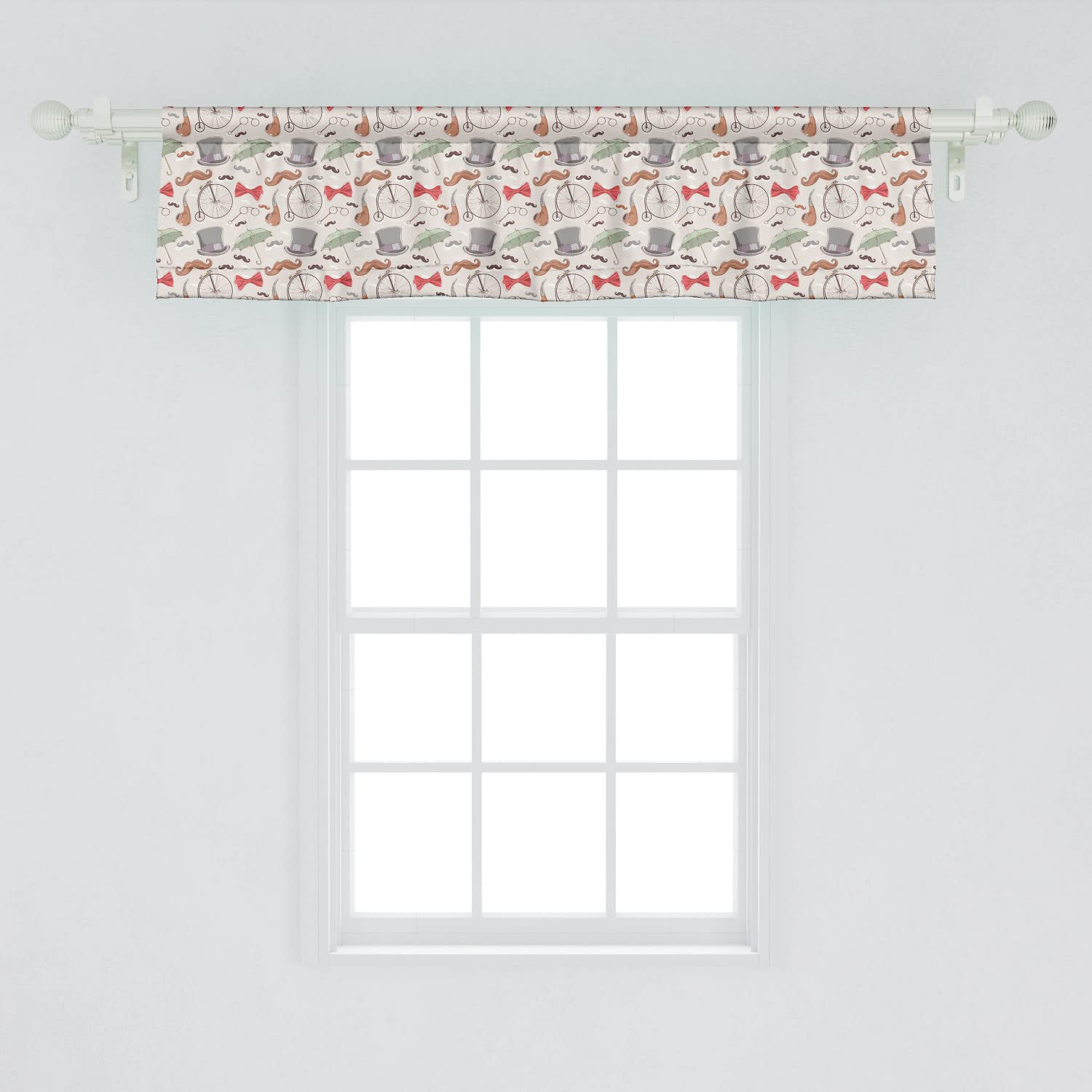 Ambesonne Vintage Bicycle Window Valance Set of 2 - 1940s Inspired High-Wheel Bicycle Design with Lorgnette, Bow Tie & Handlebar Mustache Motifs - 54