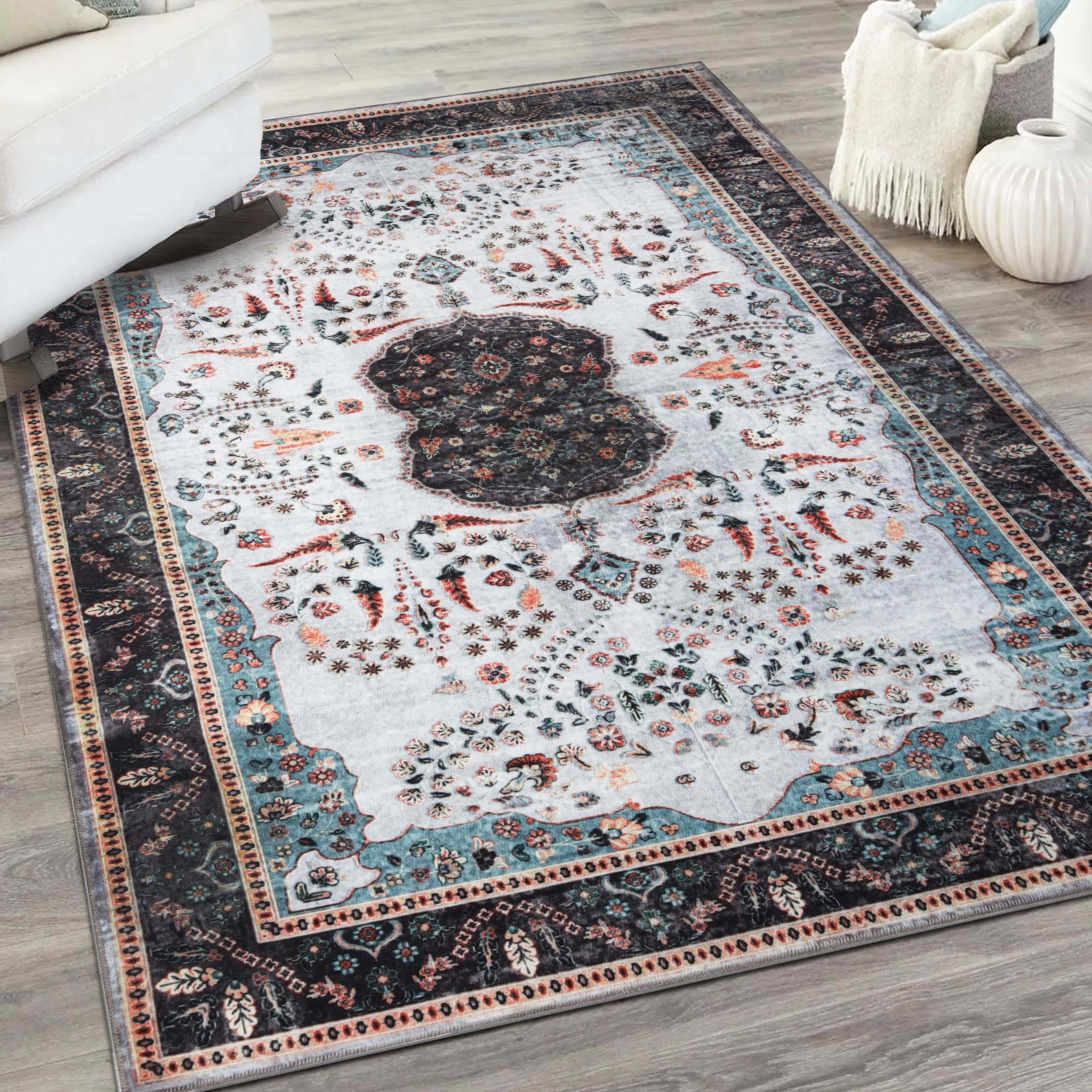 Machine Washable Sparrow Medallion Indoor Area Rug - Non-Slip Soft Living Room Carpet Runner for Bedroom, Hallway & Entryway Decor