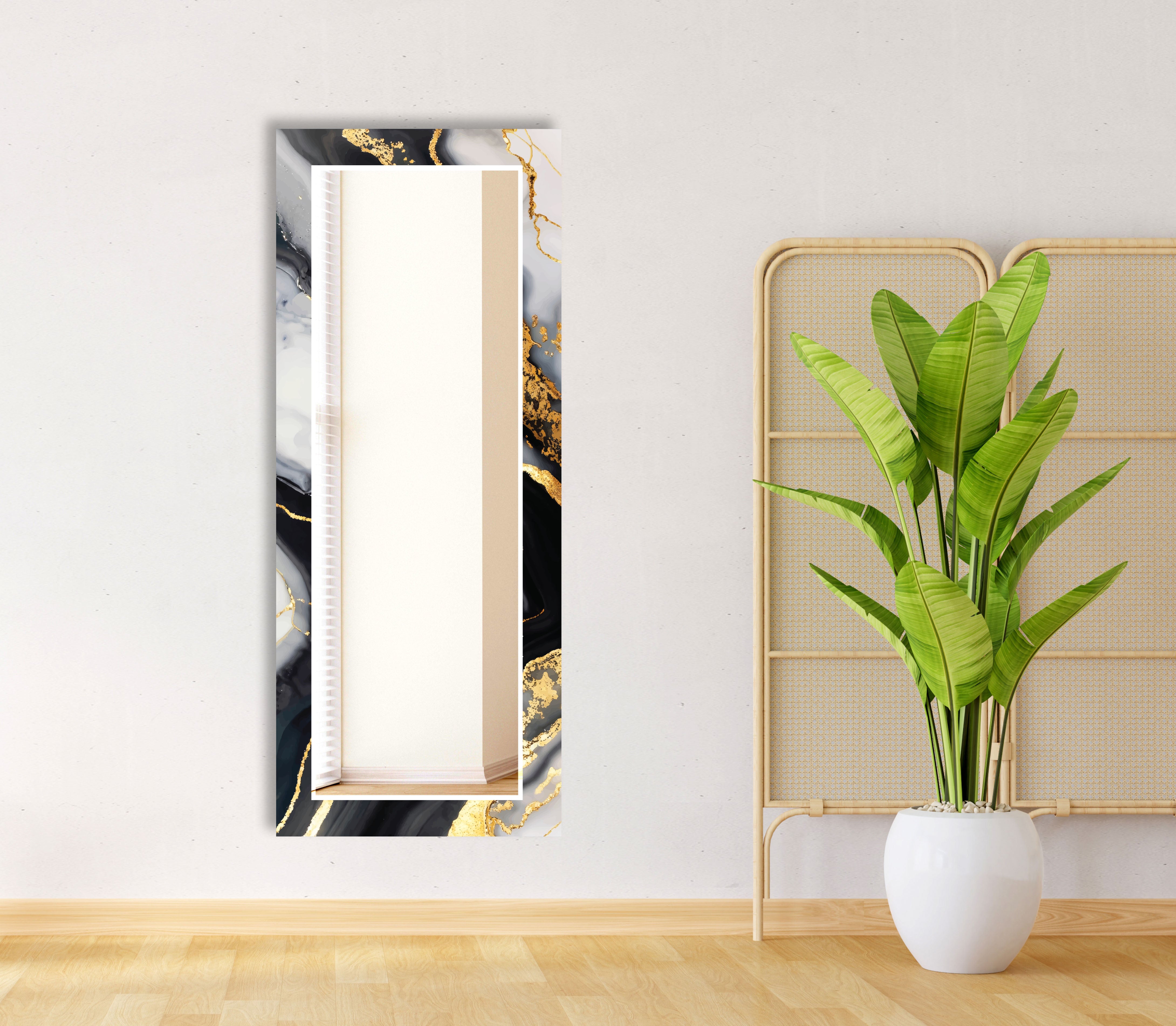 Black & Gold Marble Glass Wall Mirror - Modern Luxury Bathroom Decor for Vanity, Bedroom, or Entryway - Elegant Home Accent Mirror with Stylish Design
