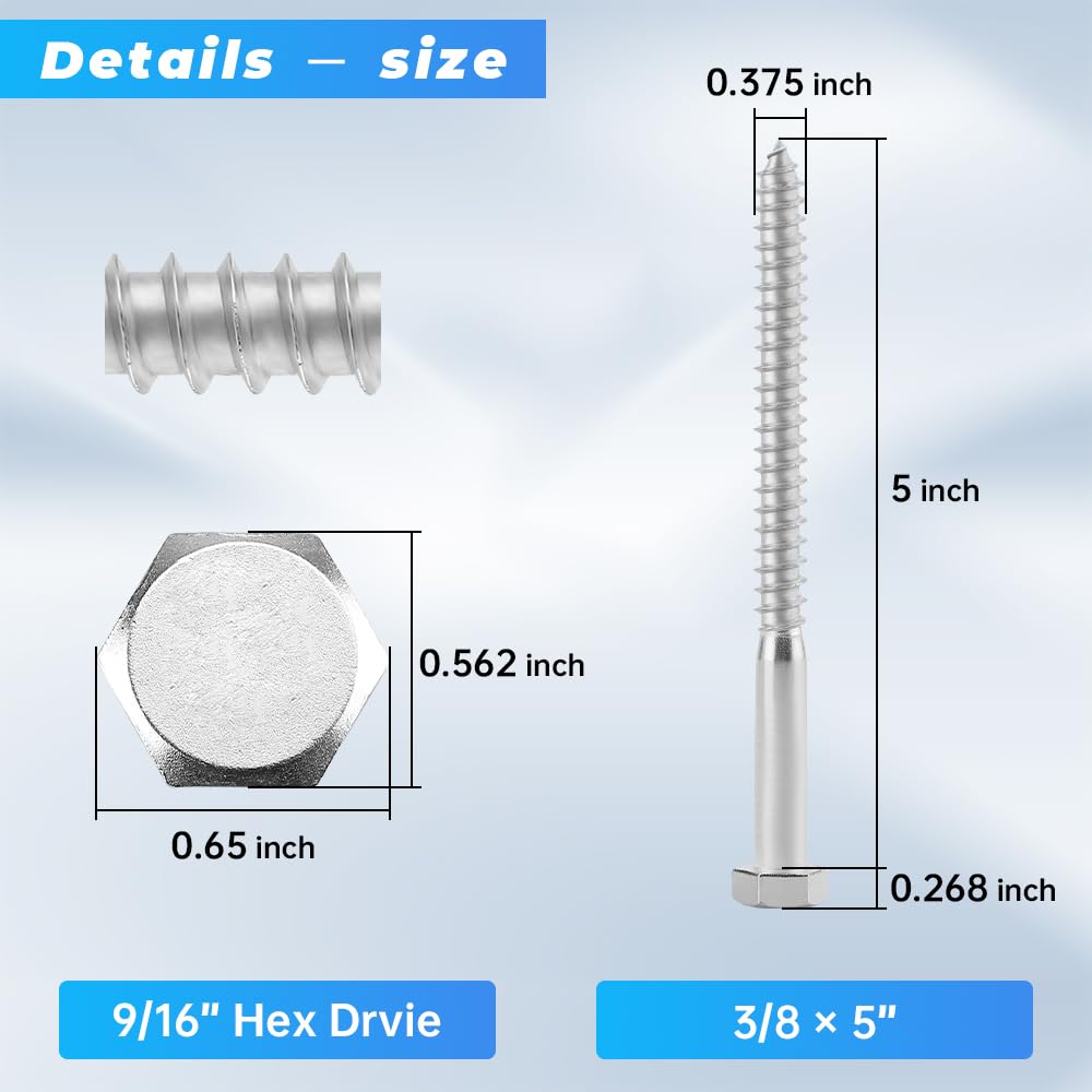 304 Stainless Steel Hex Lag Bolts (8pcs) - Wood Fastening Solution