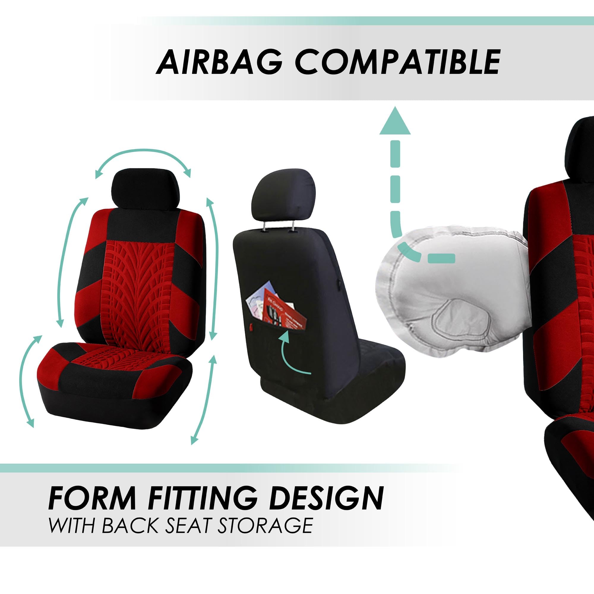 FH Group Universal 3-Row Car Seat Covers Set - Red, Airbag Compatible & Split Rear Design for Cars, Trucks & SUVs | Durable Interior Accessories for Travel, Commuting & Family Road Trips