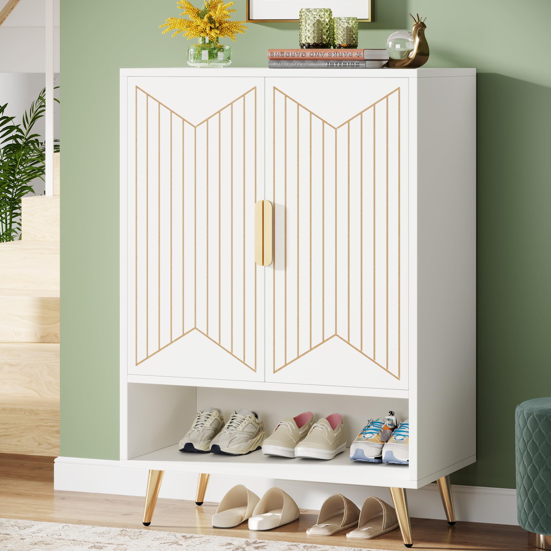 Tribesigns 6-Tier Wooden Shoe Storage Cabinet with Adjustable Shelves - Holds 25 Pairs of Shoes, Entryway Hallway Closet Organizer in Gold & White - Perfect for Small Spaces, Apartment Living & Home Organization