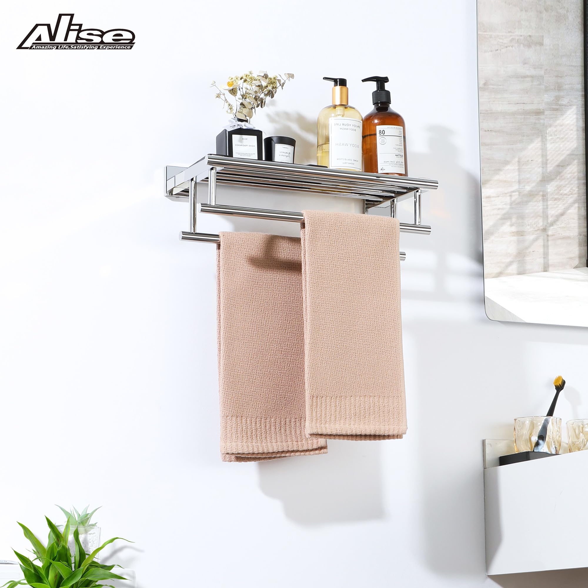 16 Inch SUS 304 Stainless Steel Wall Mount Towel Holder - Double Towel Bars Bathroom Organizer with Chrome Finish | Space Saving Towel Rack for Small Bathrooms, Laundry Rooms & Powder Rooms
