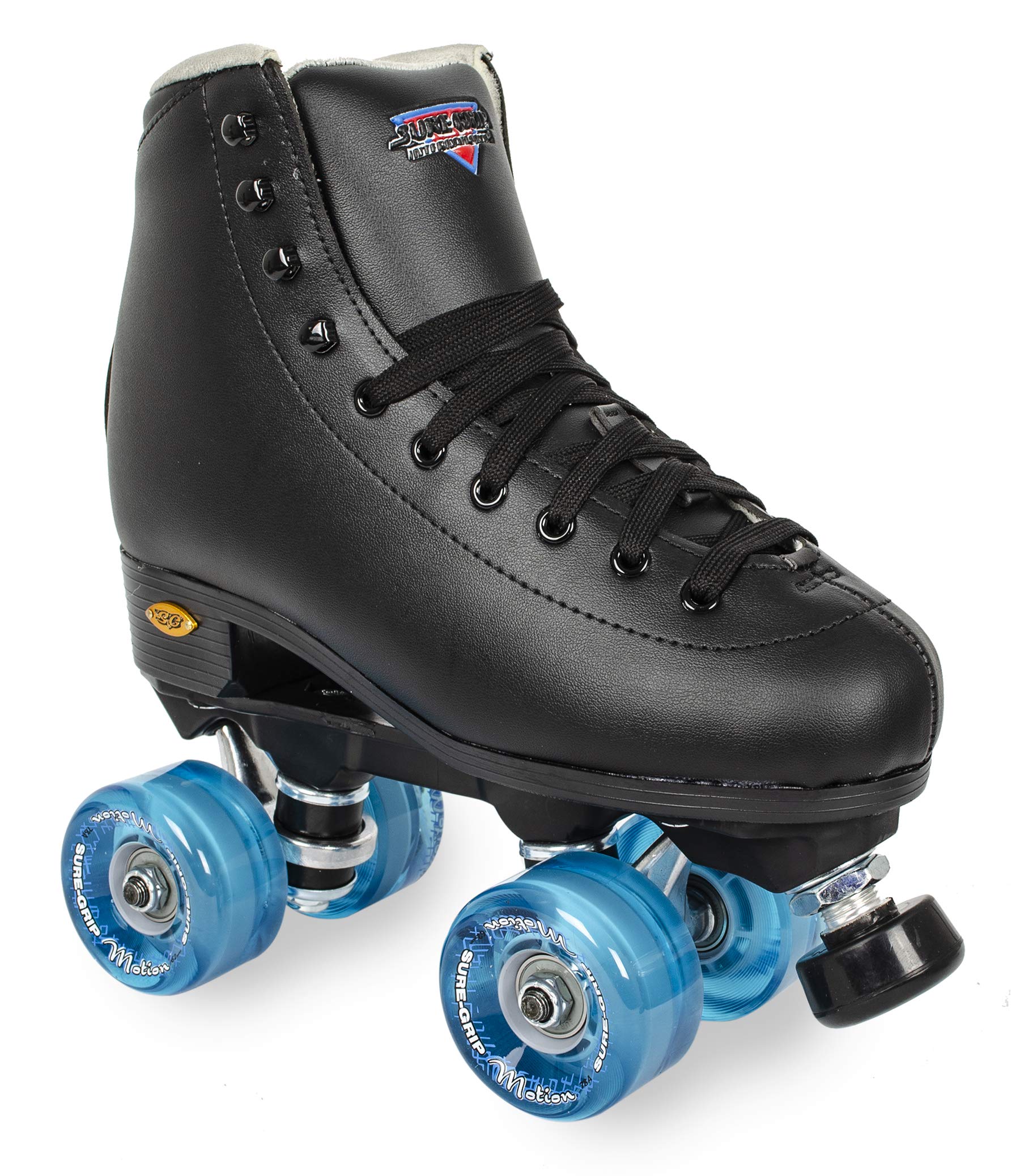 Sure Grip Fashion Fame Unisex Outdoor Roller Skates - Leatherette Material, Adjustable Rubber Toe Stop, 78A Soft Outdoor Wheels, Nylon Rock Plates, Black & Blue - Perfect for Park Trails, Fitness, and Casual Skating