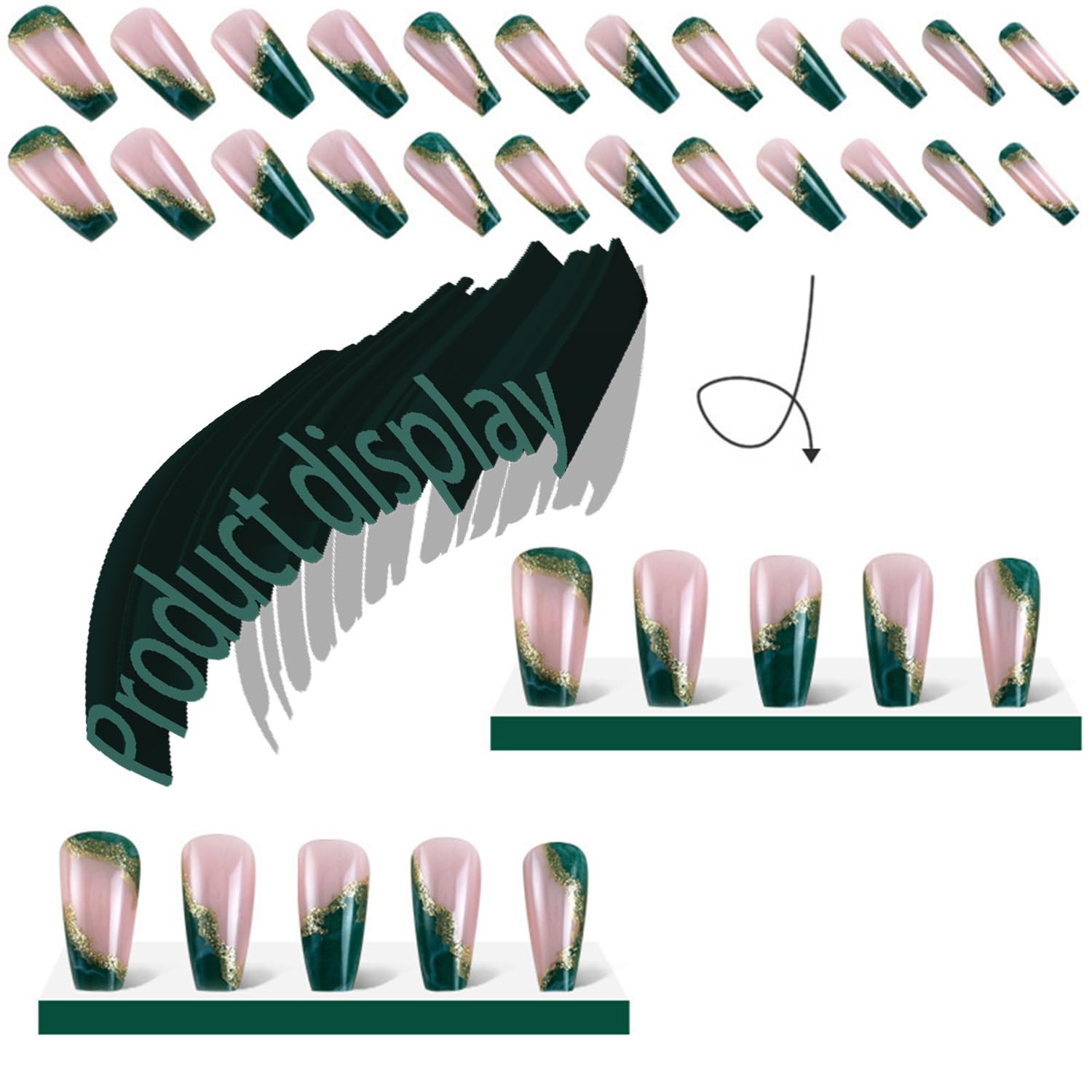 Dark Green Press On Nails - Medium Marble False Nails with Glitter & Gold Foil Designs, Coffin Shape, Reusable Acrylic Full Cover Artificial Nails with Glue (24pcs) - Perfect for Parties, Weddings, and Everyday Glam