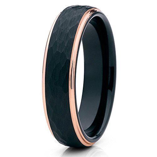6mm Black Tungsten Wedding Band for Men & Women - Rose Gold Hammered Finish, Durable & Scratch Resistant Anniversary Ring - Perfect for Everyday Wear, Proposals & Special Occasions
