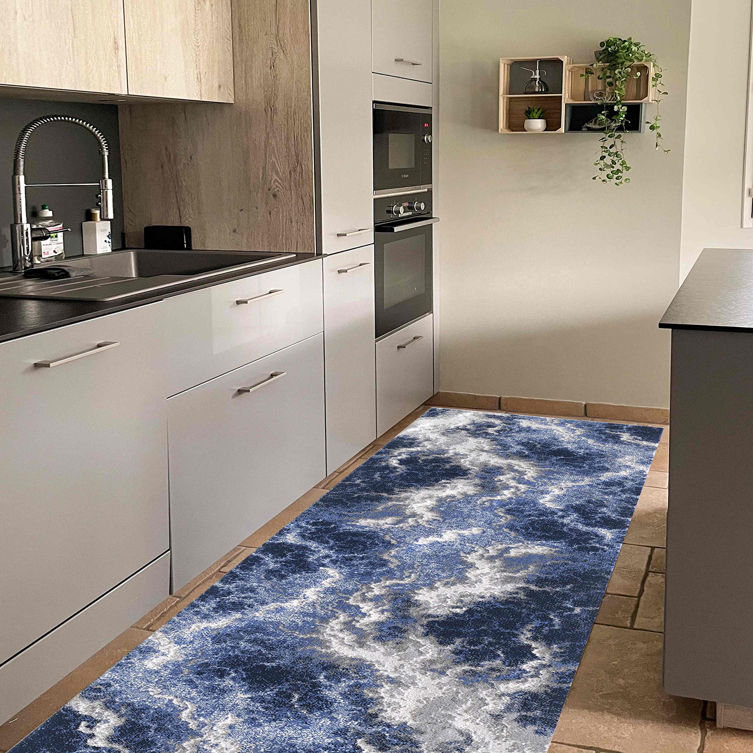 Boho Abrash Area Rug - Navy Blue, Silver & Multi-Color Abstract Thunder Design | Ultra Soft Thick Pile Non-Shedding Living Room Carpet | Perfect for Bohemian Decor, Bedroom Accent & Cozy Home Office
