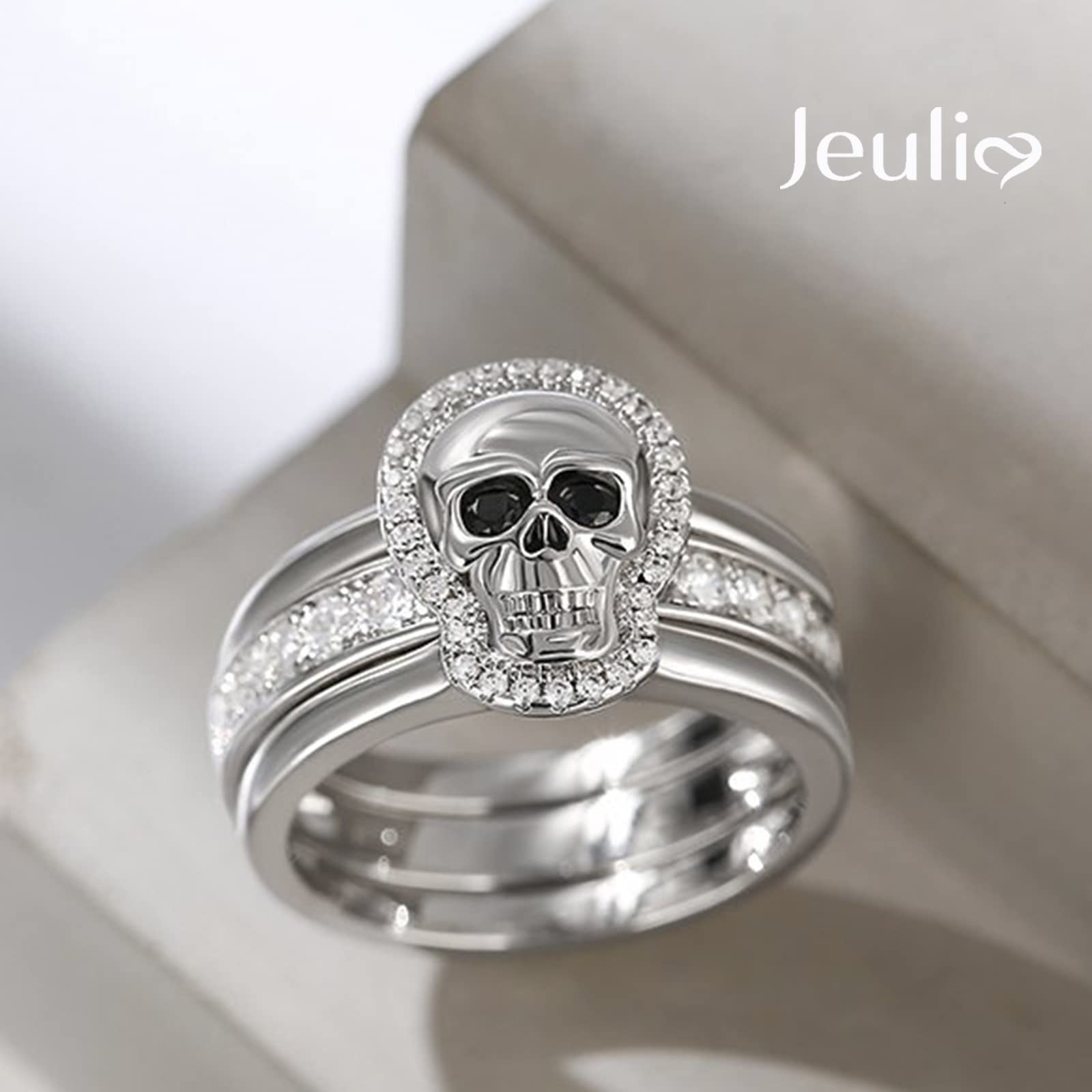 Jeulia Sterling Silver Skull Engagement Ring Set with Cubic Zirconia - Interchangeable Promise & Eternity Wedding Bands - Anniversary Bridal Jewelry Gift Set with Box - Perfect for Gothic Weddings, Alternative Proposals & Unique Couple Rings