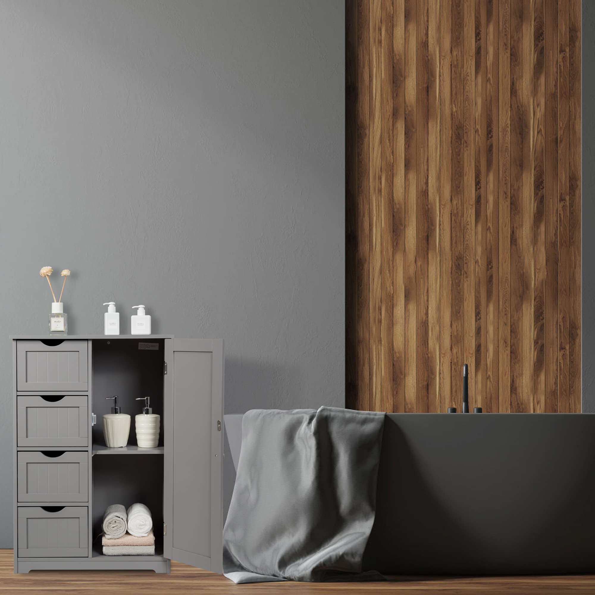 GLACER 4-Drawer Bathroom Storage Cabinet with Door - Wooden Floor Organizer for Bathroom, Living Room, Kitchen - 22 x 12 x 32 Inches, Grey | Space-Saving Solution for Towels, Toiletries & Home Essentials