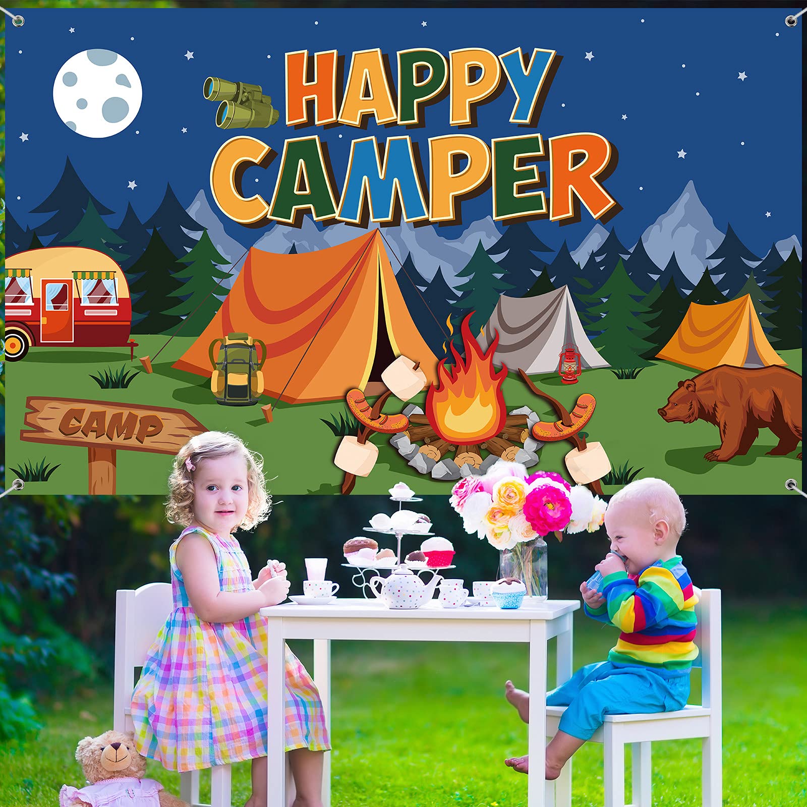 Happy Camper Banner - 70.8x43.3 Inch Camping Party Decor for Kids & Baby Showers