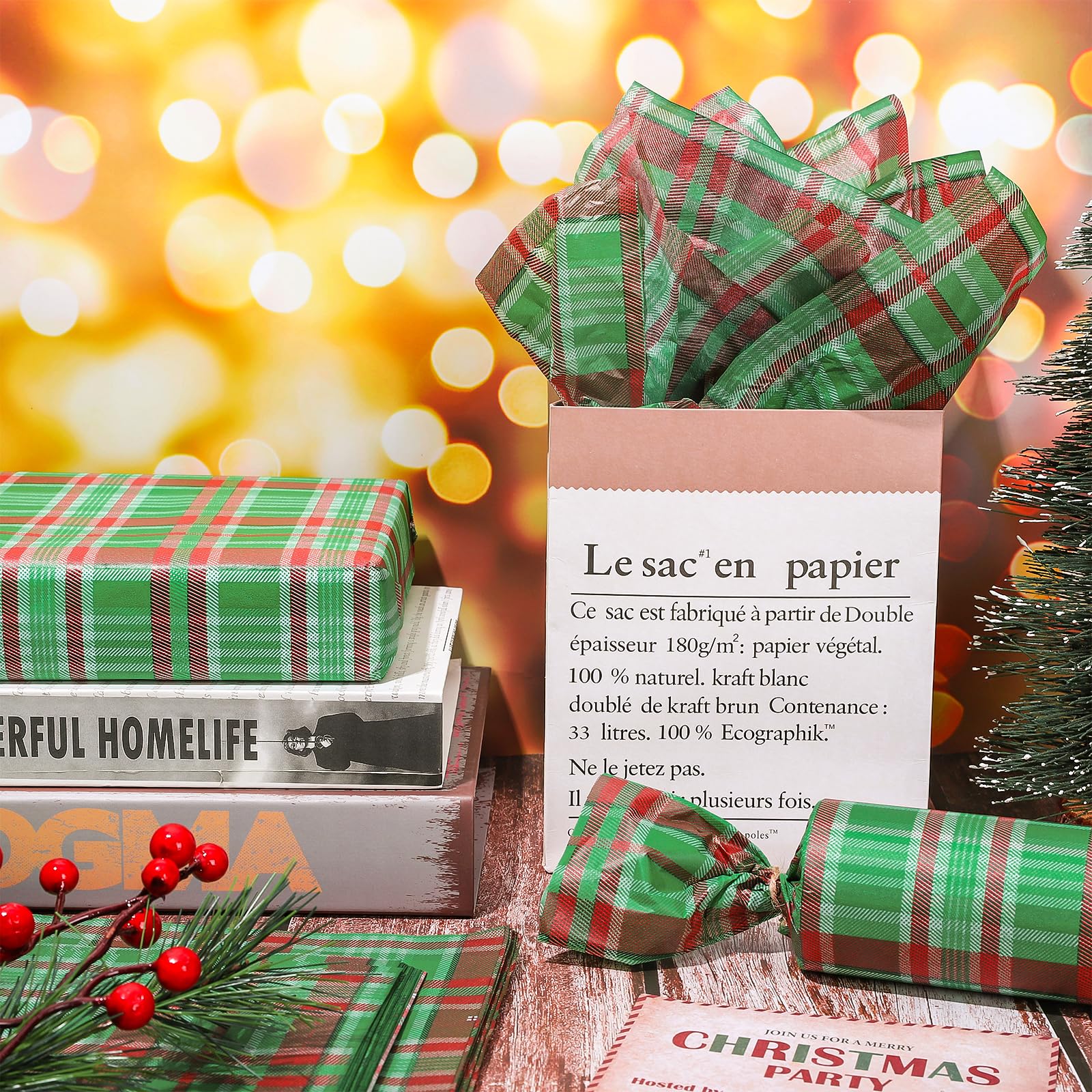 Whaline 100 Sheets Christmas Plaid Tissue Paper - Red & Green Buffalo Check Gift Wrapping Paper for Xmas, Birthday, Wedding, Holiday Presents (13.7 x 19.6 Inch) - Perfect for DIY Crafts, Party Decorations, and Festive Gift Packaging
