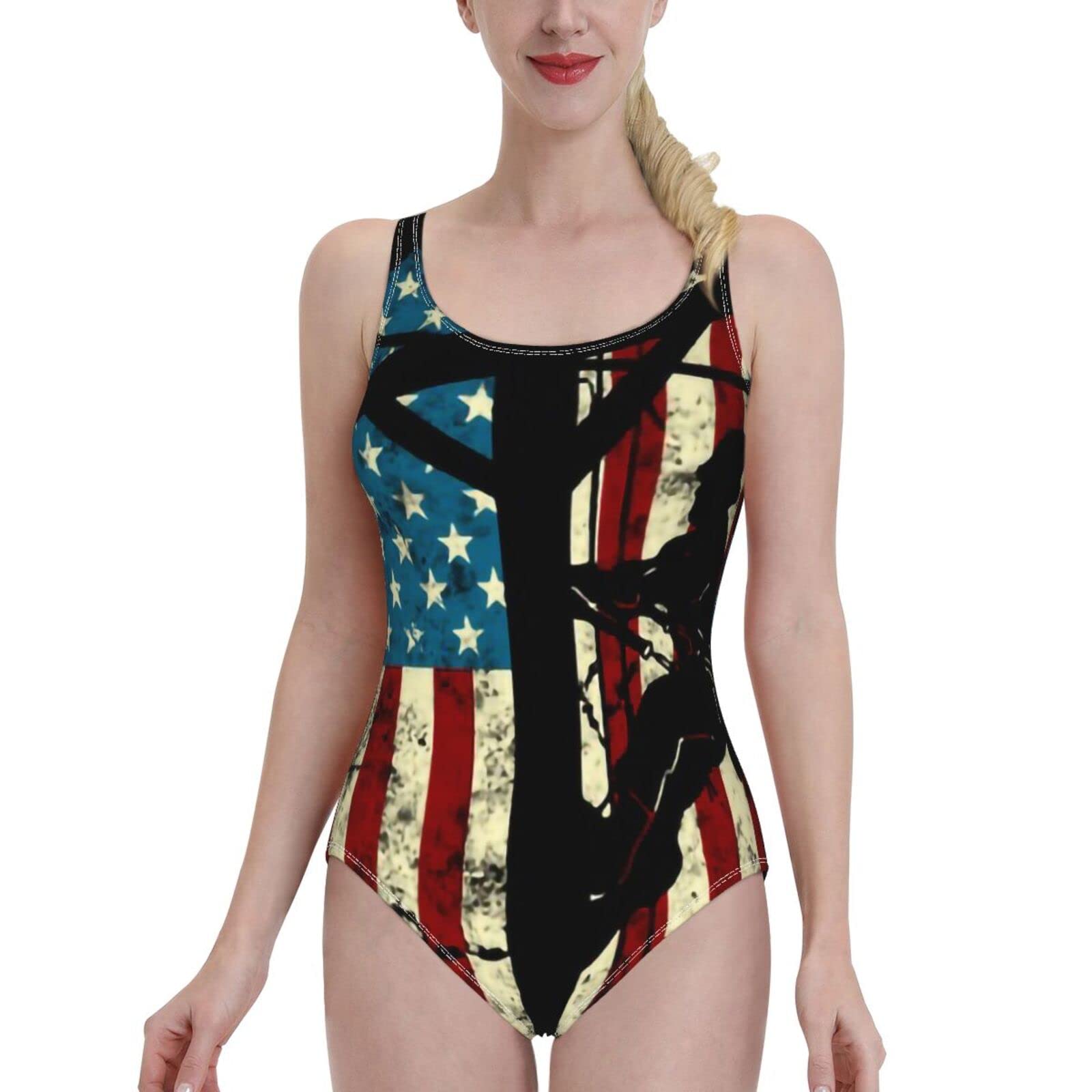 American Flag Print Electric Cable Lineman One-Piece Swimsuits for Women - Sexy Bikini Swimwear & Ladies Bathing Suit | Perfect for Beach, Pool Party & Summer Vacation