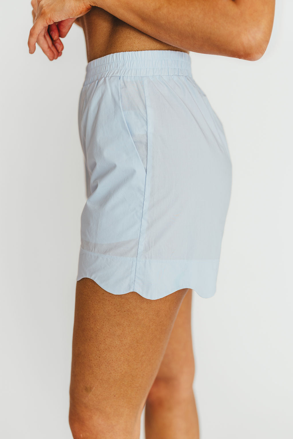 Women's Ricci Scallop Shorts - Blue Denim High Waist Summer Casual Shorts for Beach, Vacation & Everyday Wear