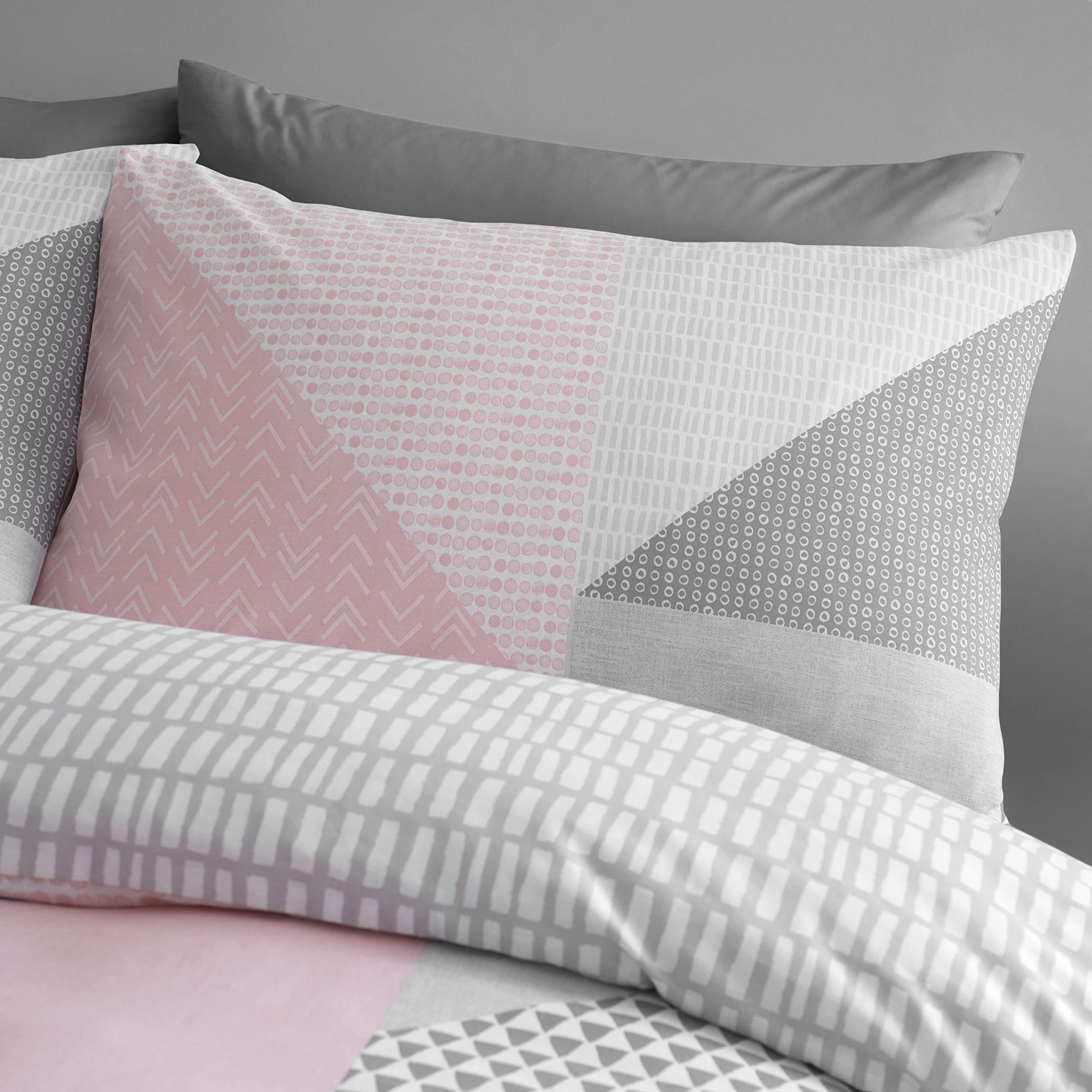 Catherine Lansfield Larsson Geo Pink Double Duvet Cover Set with Pillowcases - Soft Geometric Bedding for Master Bedroom & Guest Room