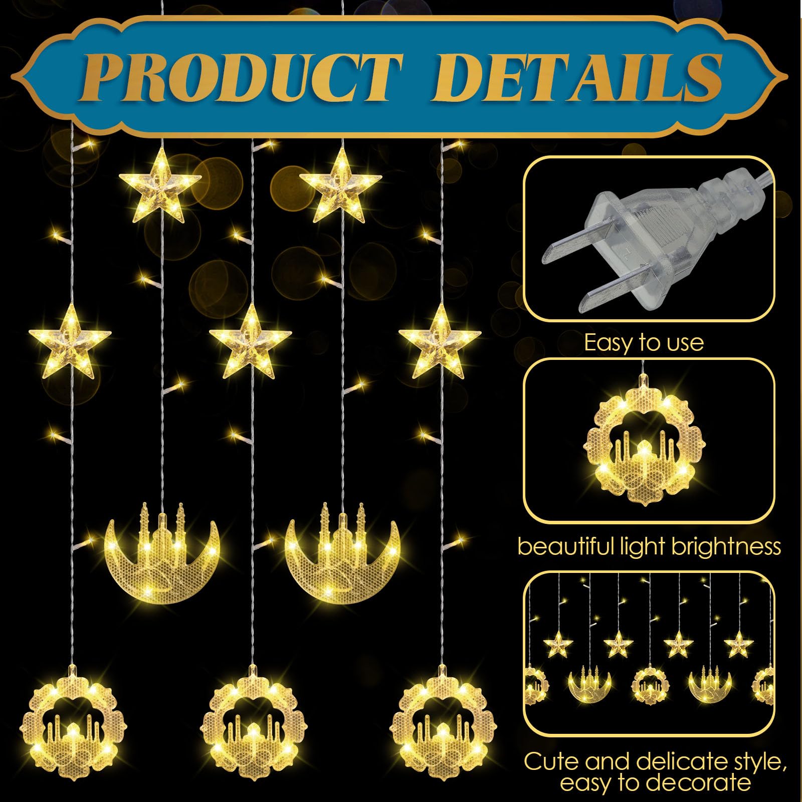 Riakrum 2 Pack 9.84ft LED Fairy Curtain Lights with Star Moon Castle Design - Indoor Window Decor for Ramadan, Eid, Christmas, Wedding & Holiday Parties - Perfect for Home Decoration and Festive Gifts