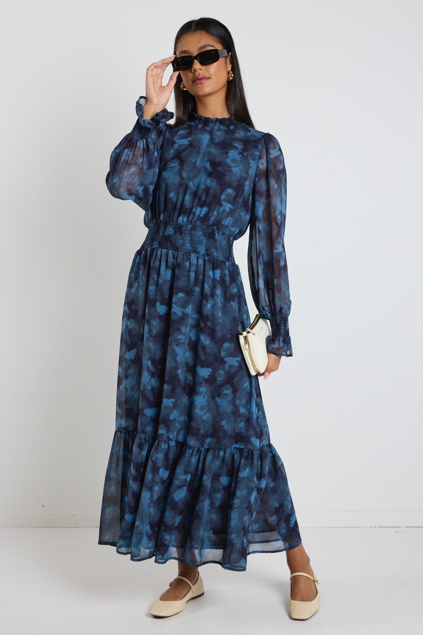 Ebony Blue Smudge Long Sleeve Shirred Neck Midi Dress - Perfect for Casual Outings, Date Nights & Special Occasions