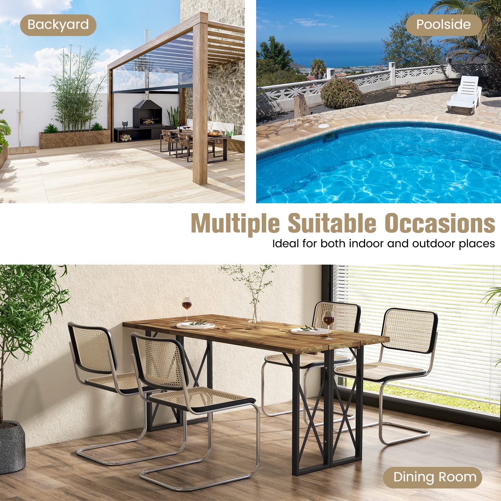 Tangkula 67 Inch Acacia Wood Outdoor Dining Table with Umbrella Hole - Heavy-Duty Metal Frame Patio Table for 6 - Perfect for Backyard BBQ, Garden Parties & Indoor Outdoor Entertaining