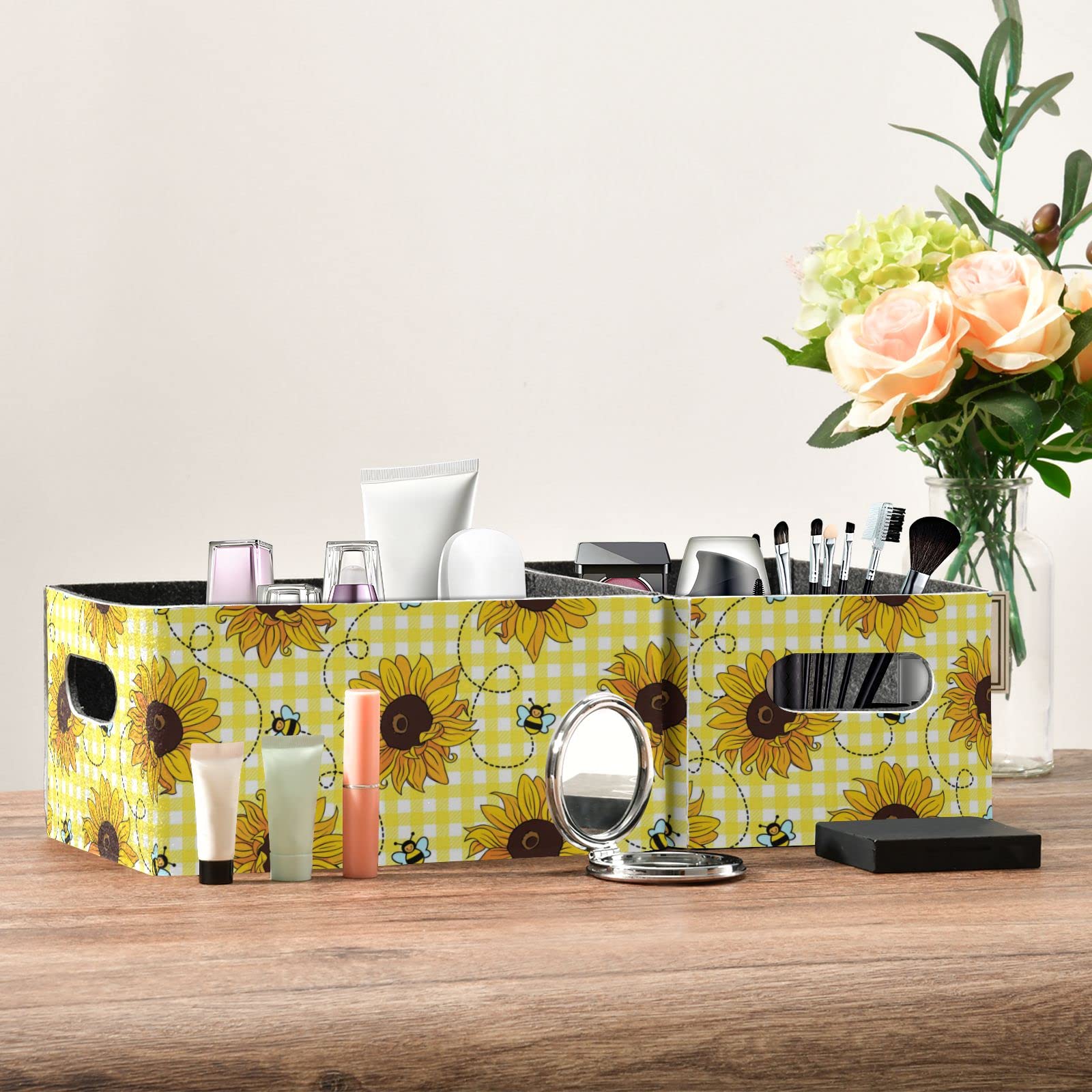 Sunflower Folding Felt Storage Basket Set of 2 - Yellow Collapsible Storage Box with Bee Design for Clothes, Toys & Home Organization - Perfect for Nursery, Closet & Shelves (Home Decor & Storage Solution)