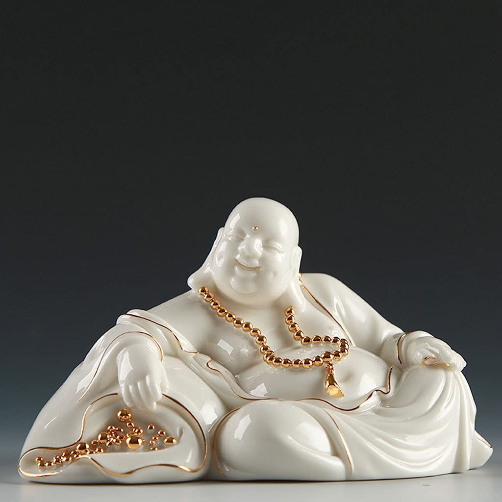 Laughing Buddha Statue - White Porcelain Sculpture for Good Luck, Happiness, Wealth & Peace - Buddhist Home & Office Decor for Meditation Room, Living Room & Workspace