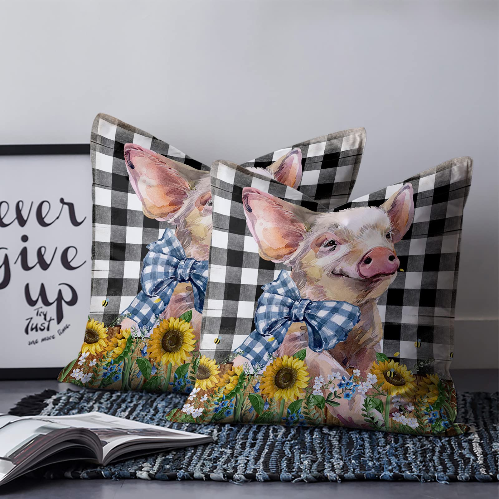 Muswanna Farm Pig & Sunflower Black White Plaid Throw Pillow Covers - Soft Brushed Fabric Square Decorative Cushion Covers for Sofa, Couch, Bedroom & Living Room Home Decor