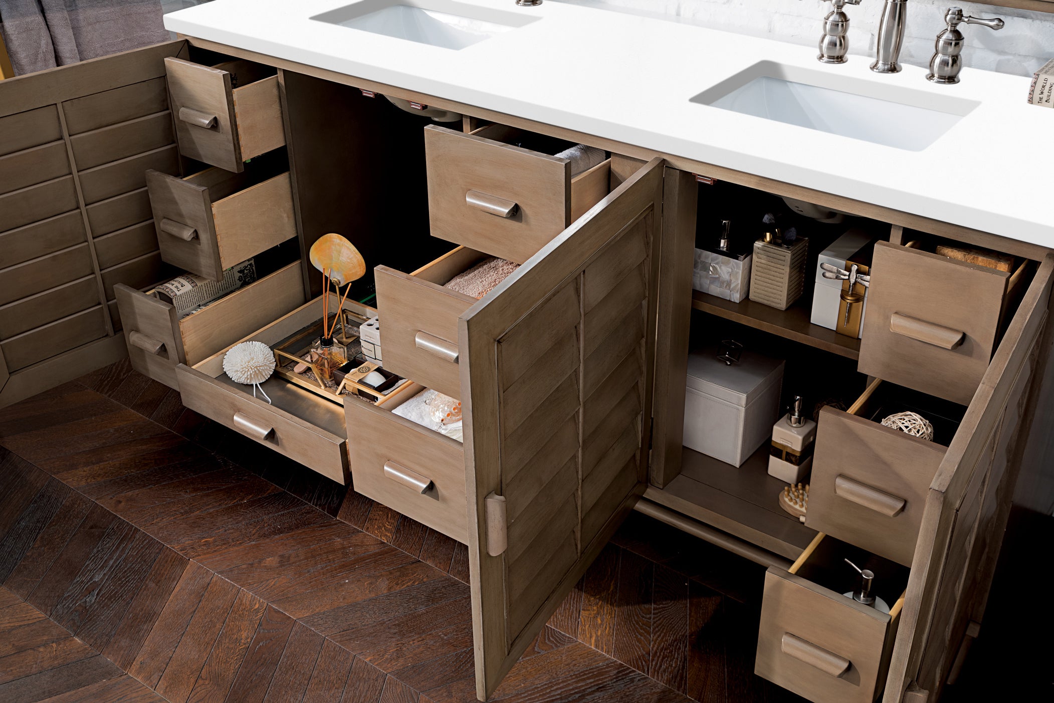 Portland 72 Inch Double Vanity with Whitewashed Walnut & 3cm White Zeus Quartz Top - Modern Bathroom Sink Cabinet for Master Bath or Guest Bathroom
