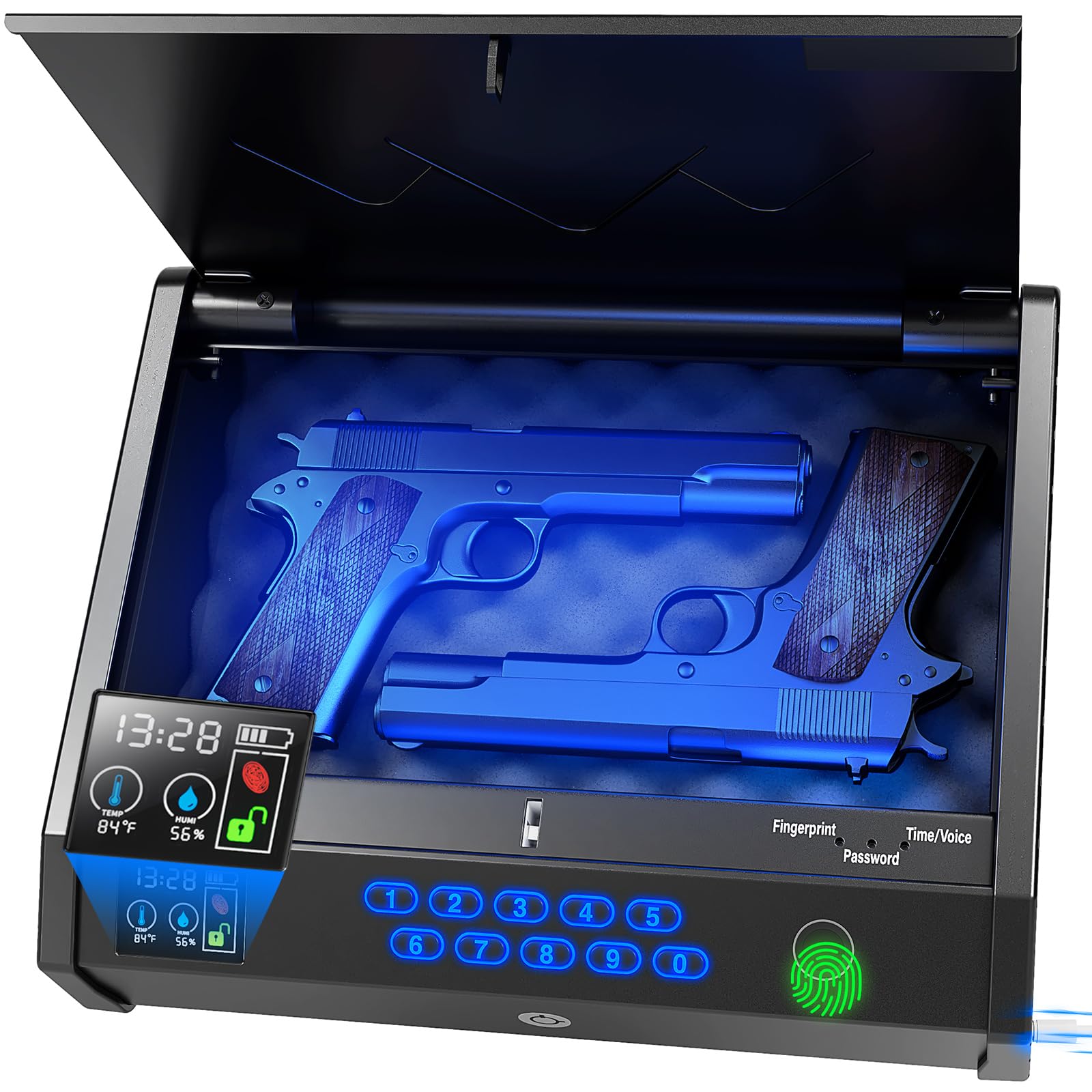 Biometric Gun Safe with LCD Display - Quick Access Fingerprint, Keypad & Key Entry - Handgun Safe for Home, Nightstand & Car - Features Temperature & Humidity Monitoring with USB Port - Ideal for Pistol Storage & Personal Protection