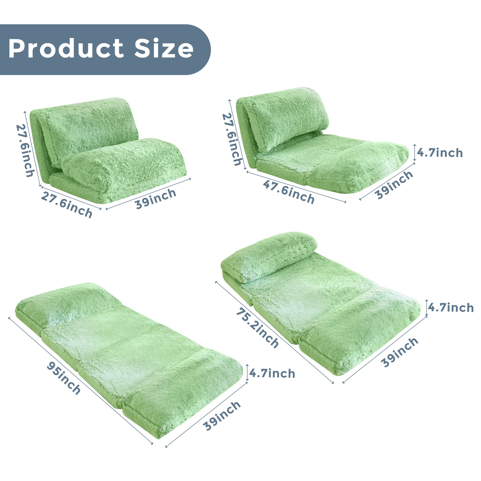 MAXYOYO Faux Fur Bean Bag Chair - Foldable Floor Sofa Bed with Foam Filling, Green Wall Couch Sleeper for Living Room, Bedroom & Dorm | Comfortable Lounge Chair for Reading, Gaming & Relaxing